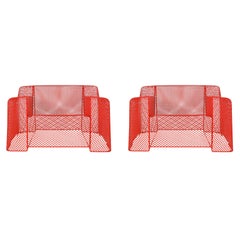 Vintage Midcentury Italian Postmodern Red Mesh Wire Indoor Outdoor Patio Lounge Chairs