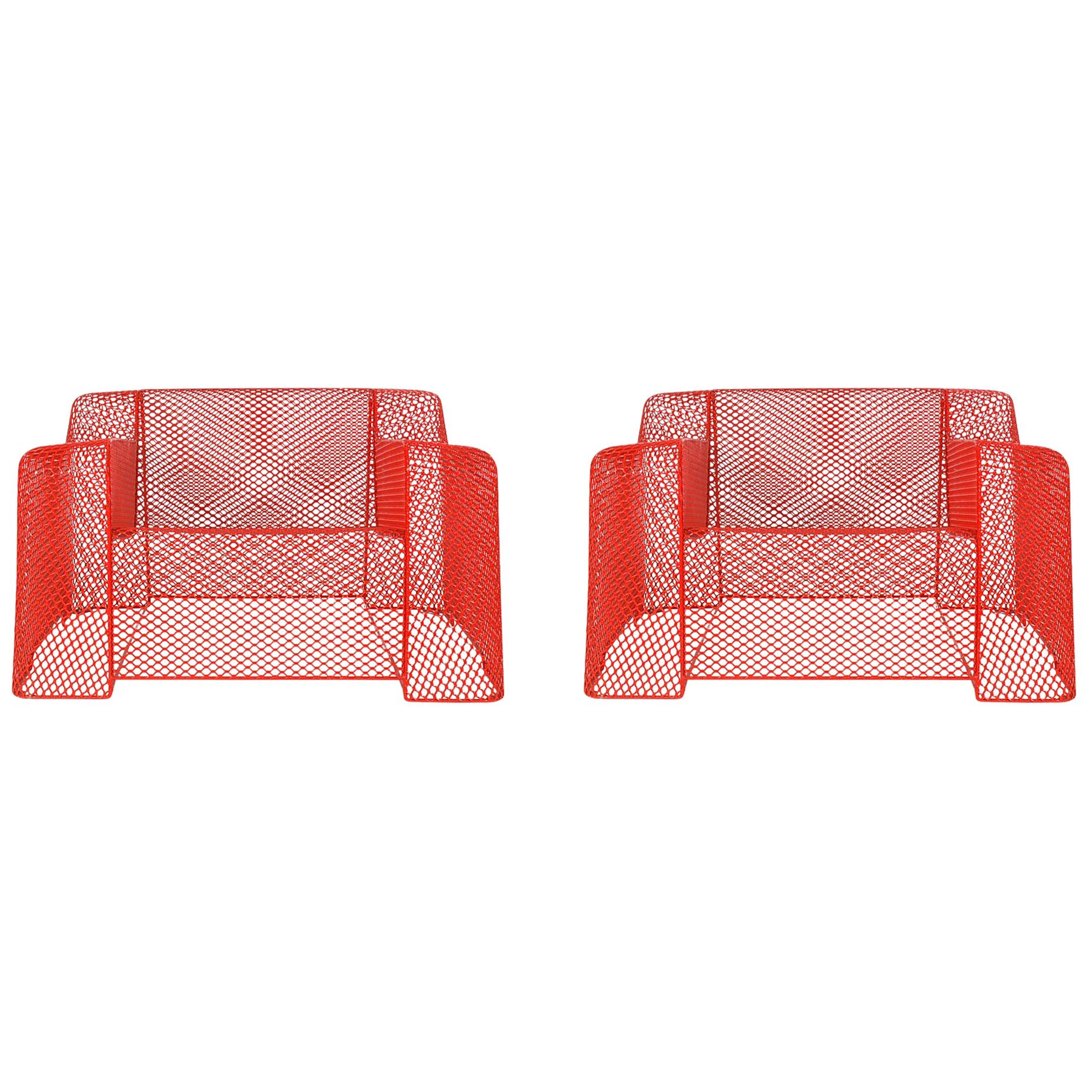 Midcentury Italian Postmodern Red Mesh Wire Indoor Outdoor Patio Lounge Chairs