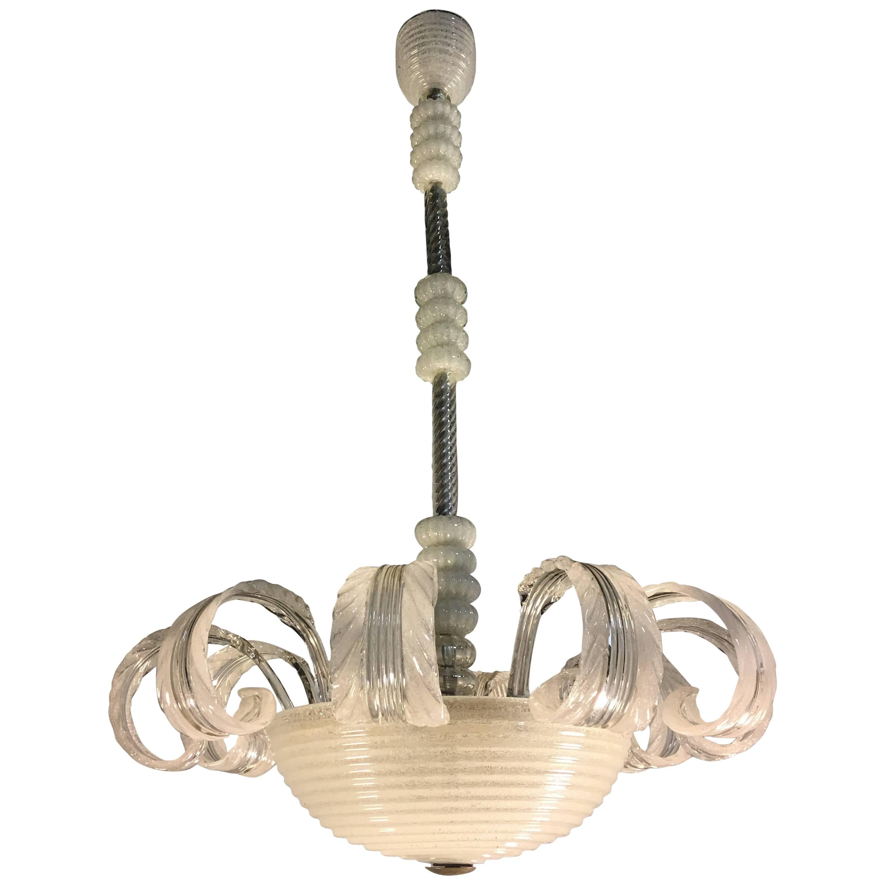 Midcentury Italian Pulegoso Glass Chandelier by Barovier & Toso, Murano, 1940