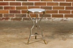 Midcentury Italian Rams Heads Steel Side Table with White Marble Tops