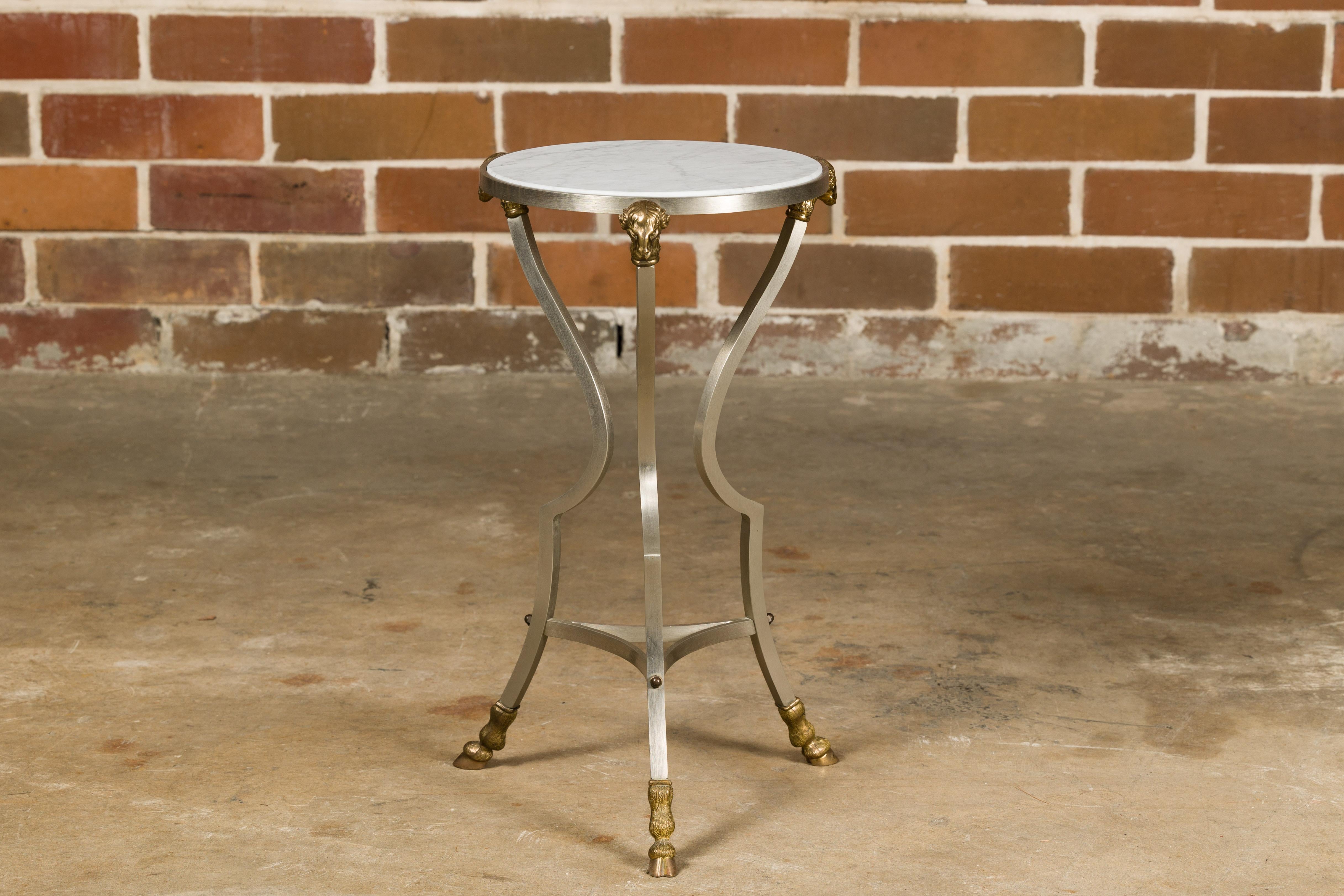 Mid-Century Modern Midcentury Italian Rams Heads Steel Side Table with White Marble Tops For Sale