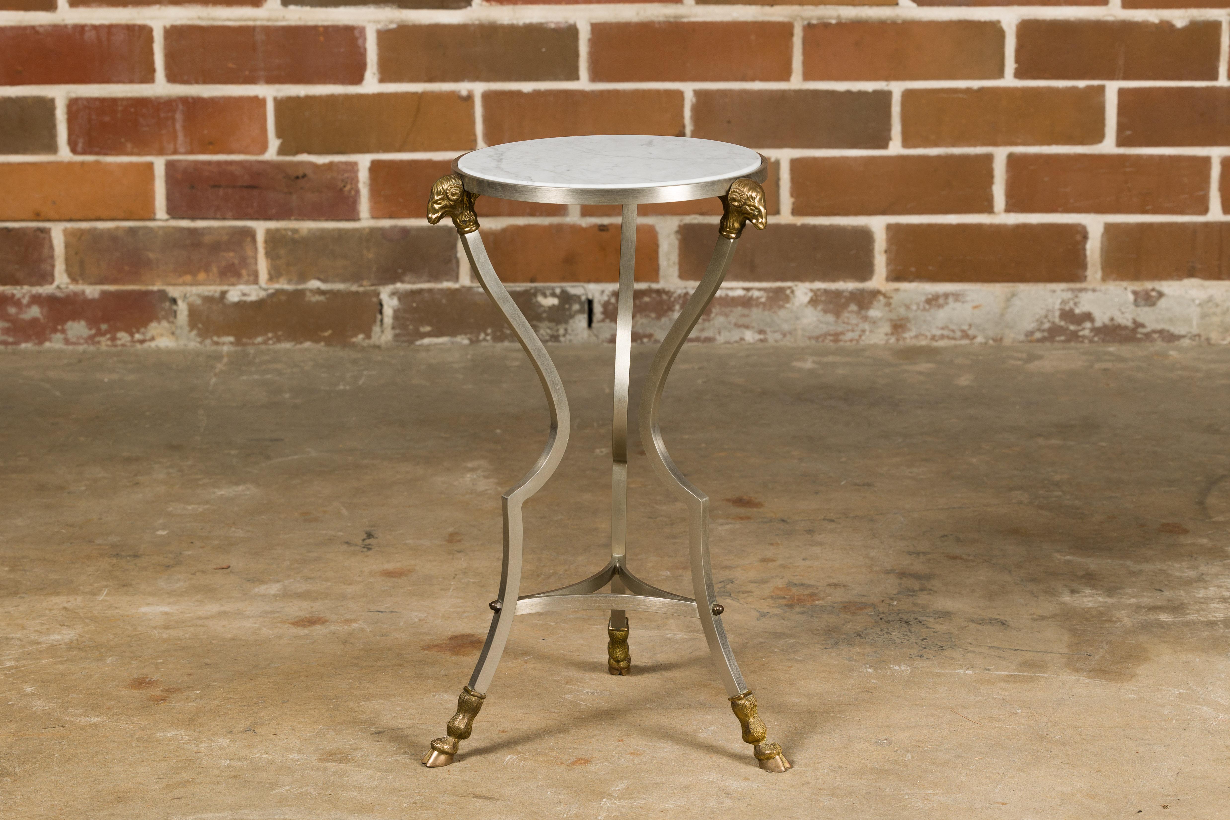 Midcentury Italian Rams Heads Steel Side Table with White Marble Tops In Good Condition For Sale In Atlanta, GA