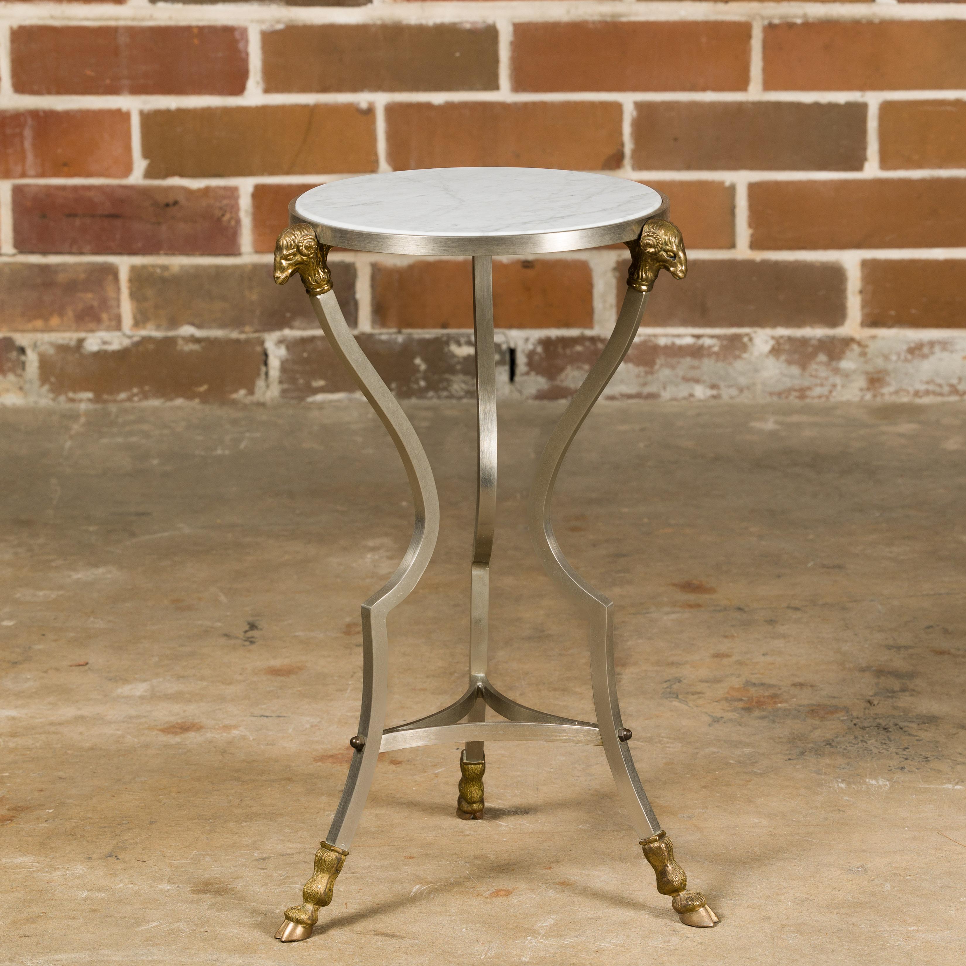 20th Century Midcentury Italian Rams Heads Steel Side Table with White Marble Tops For Sale