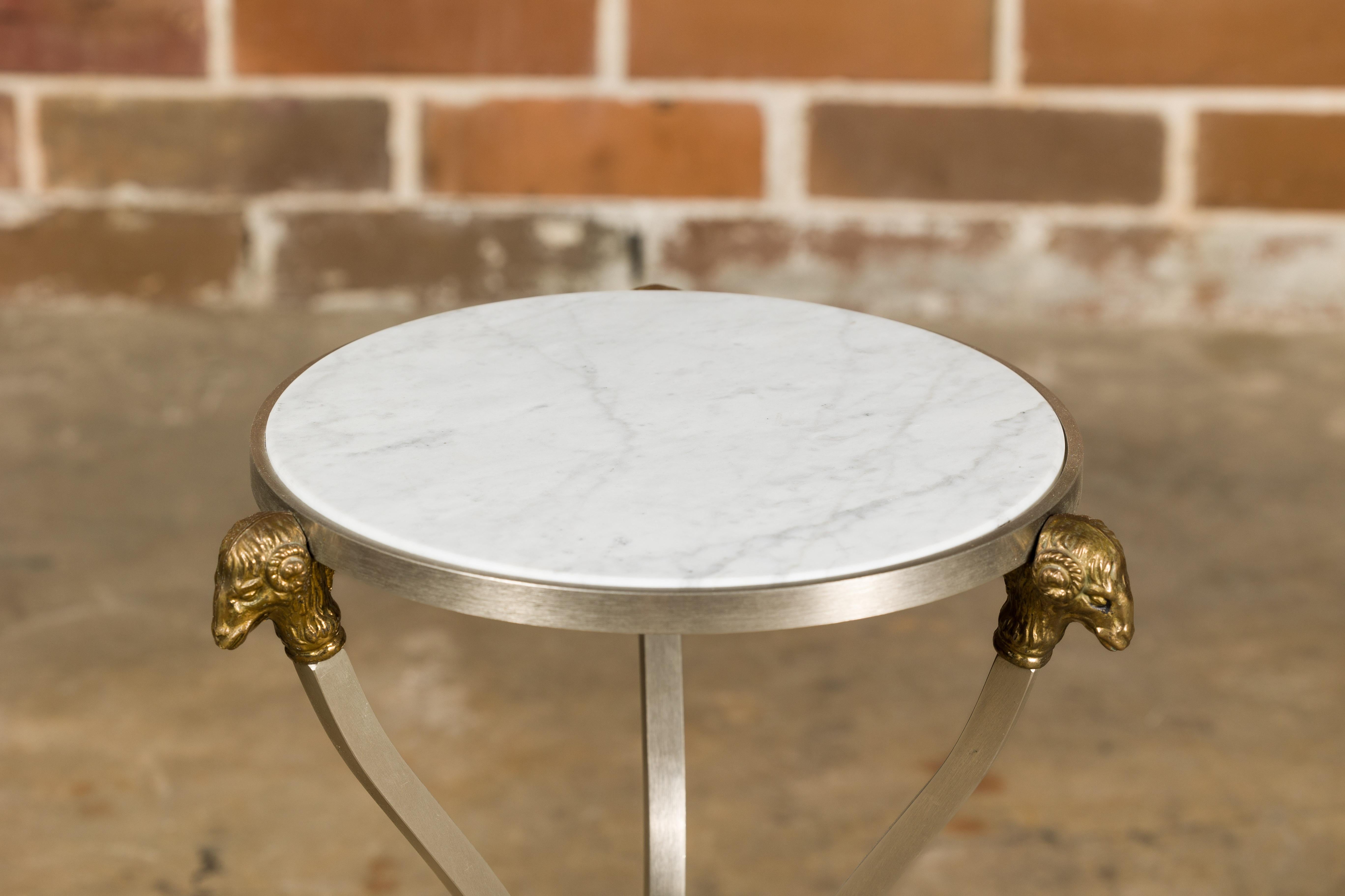 Midcentury Italian Rams Heads Steel Side Table with White Marble Tops For Sale 1