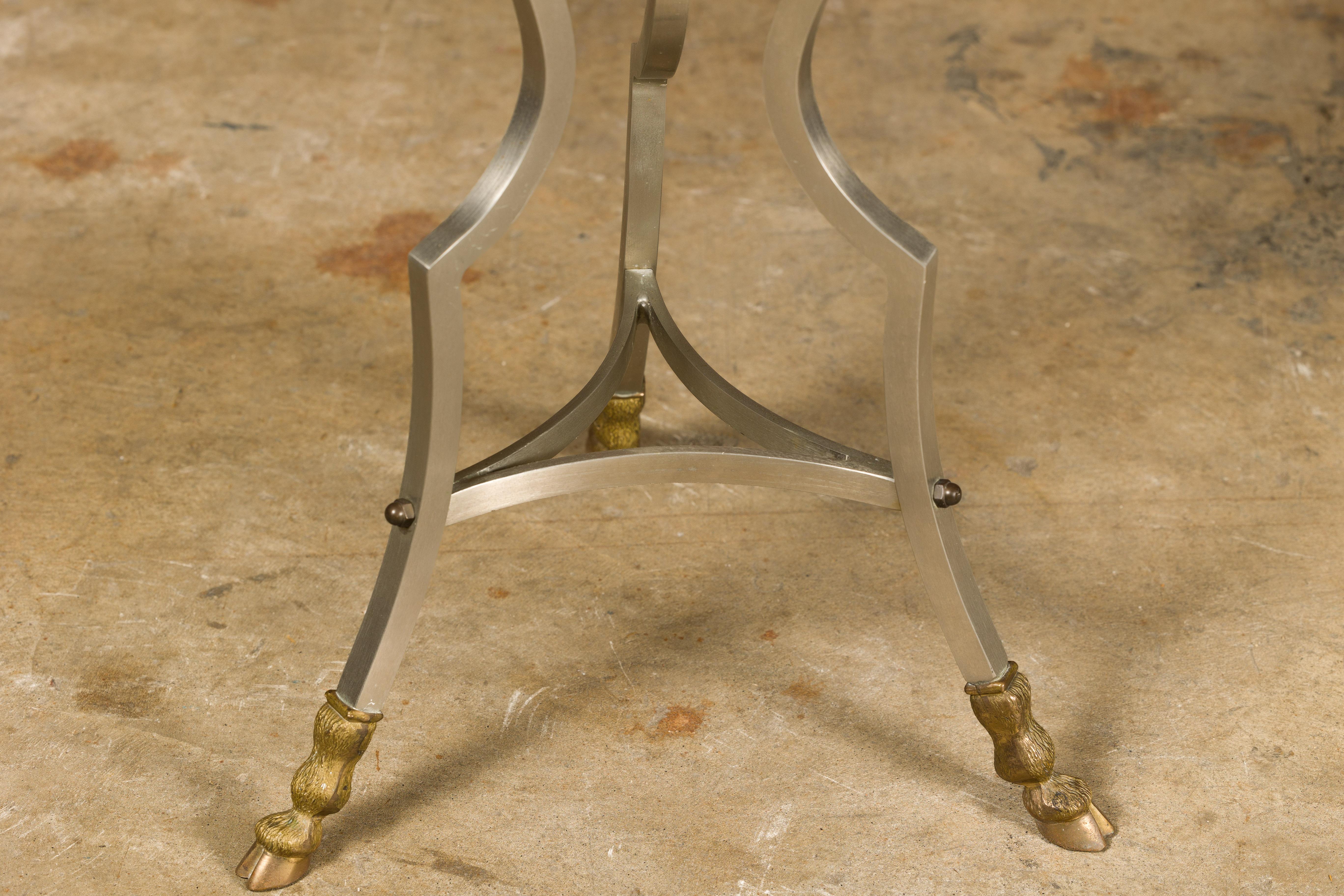 Midcentury Italian Rams Heads Steel Side Table with White Marble Tops For Sale 2