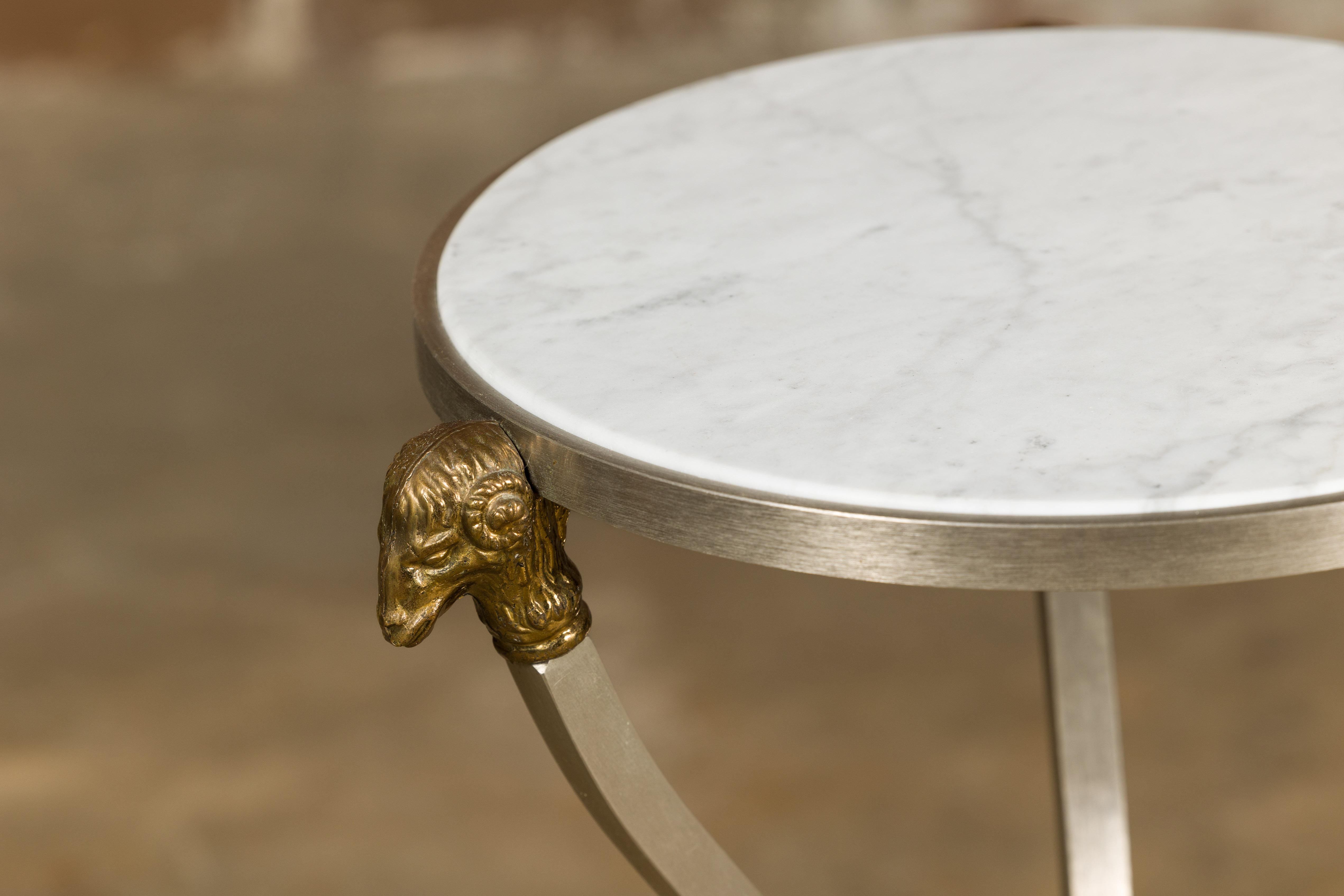 Midcentury Italian Rams Heads Steel Side Table with White Marble Tops For Sale 4