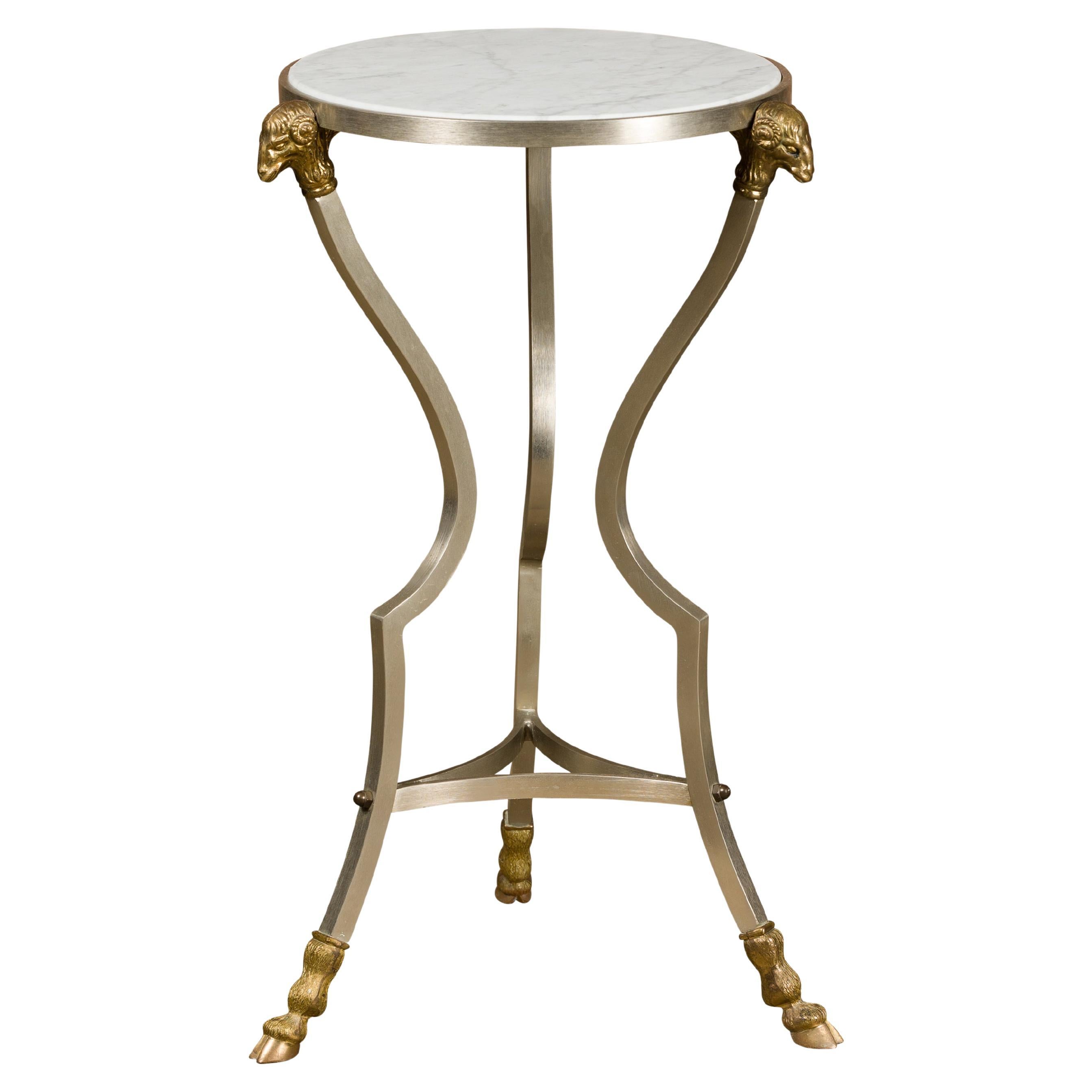 Midcentury Italian Rams Heads Steel Side Table with White Marble Tops For Sale