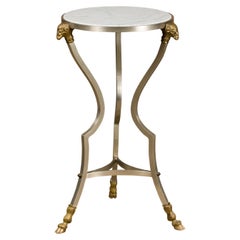 Midcentury Italian Rams Heads Steel Side Table with White Marble Tops