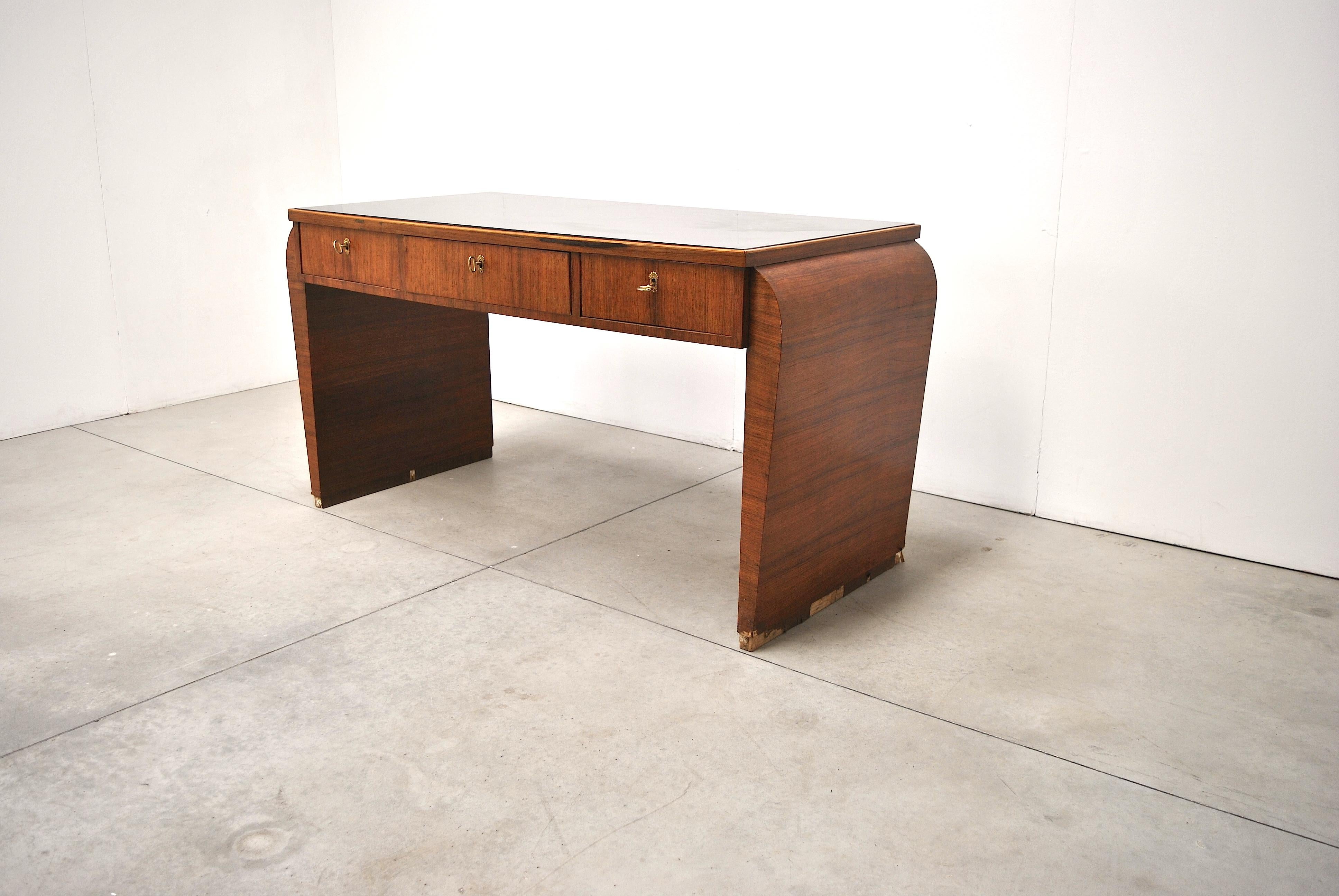 Mid-Century Modern Midcentury Italian Rationalist Writing Table with Brass Finishes, 1930s