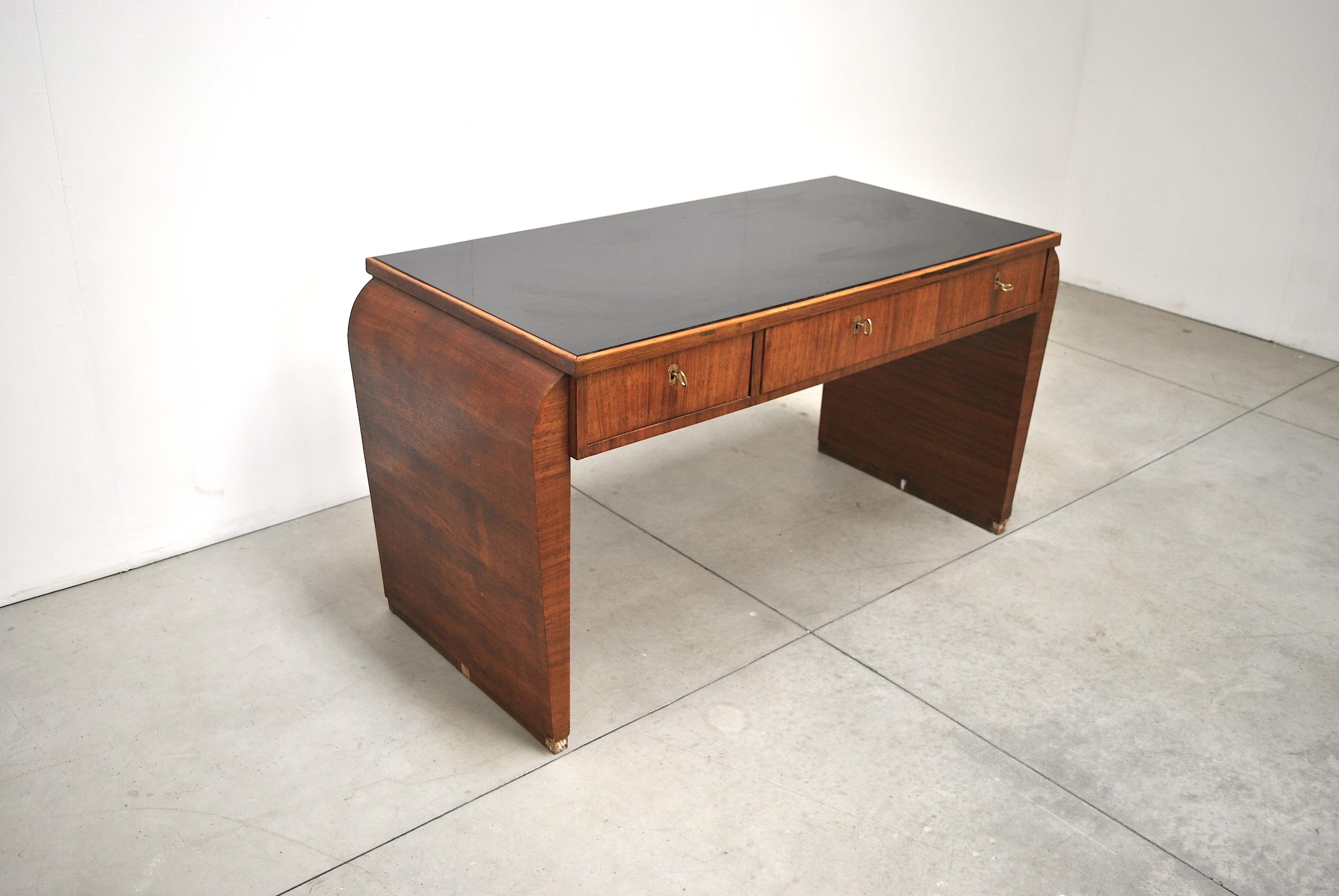 Mid-20th Century Midcentury Italian Rationalist Writing Table with Brass Finishes, 1930s