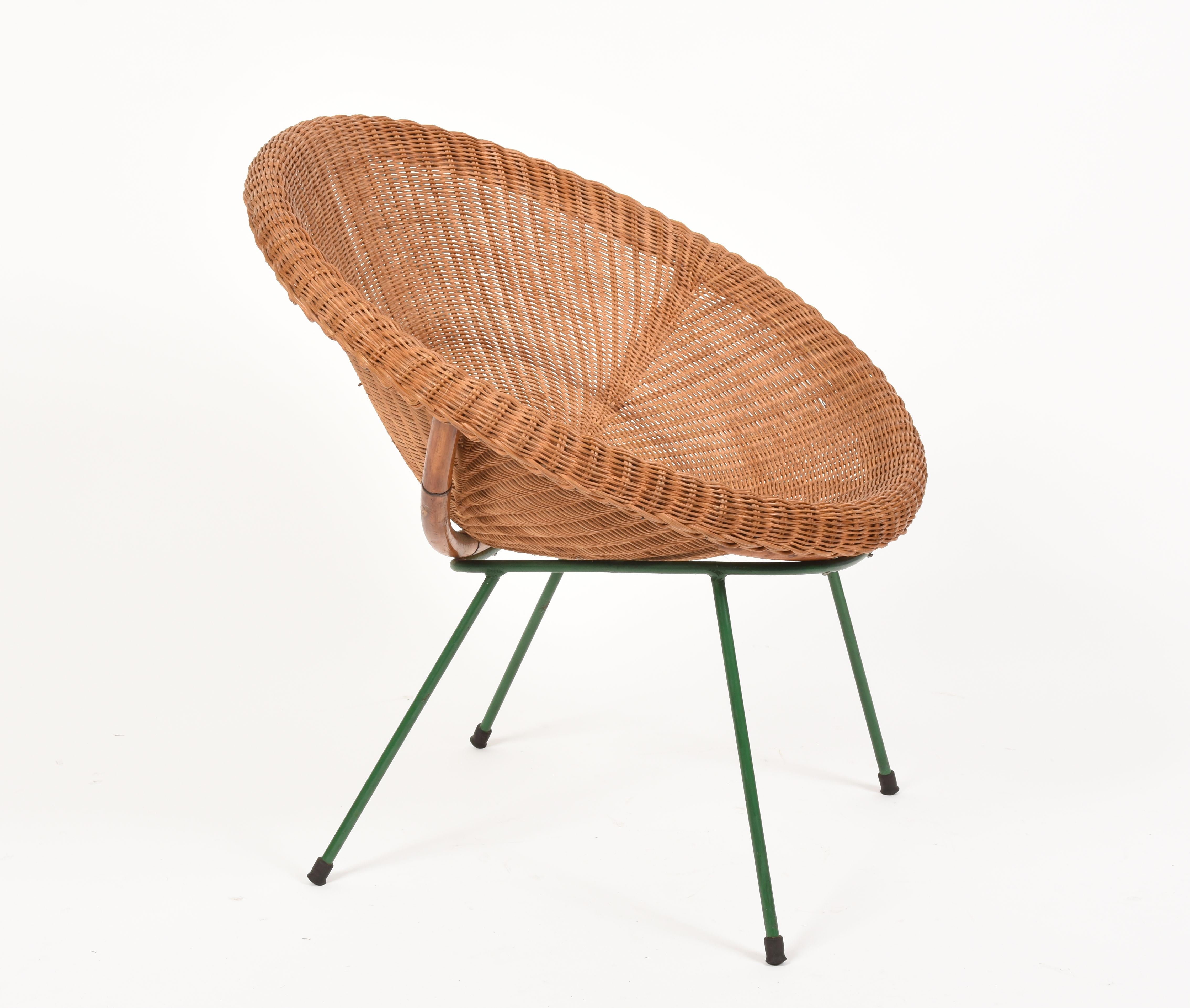 Midcentury Italian Rattan and Bamboo Shell Armchair with Green Metal Legs, 1950s 3