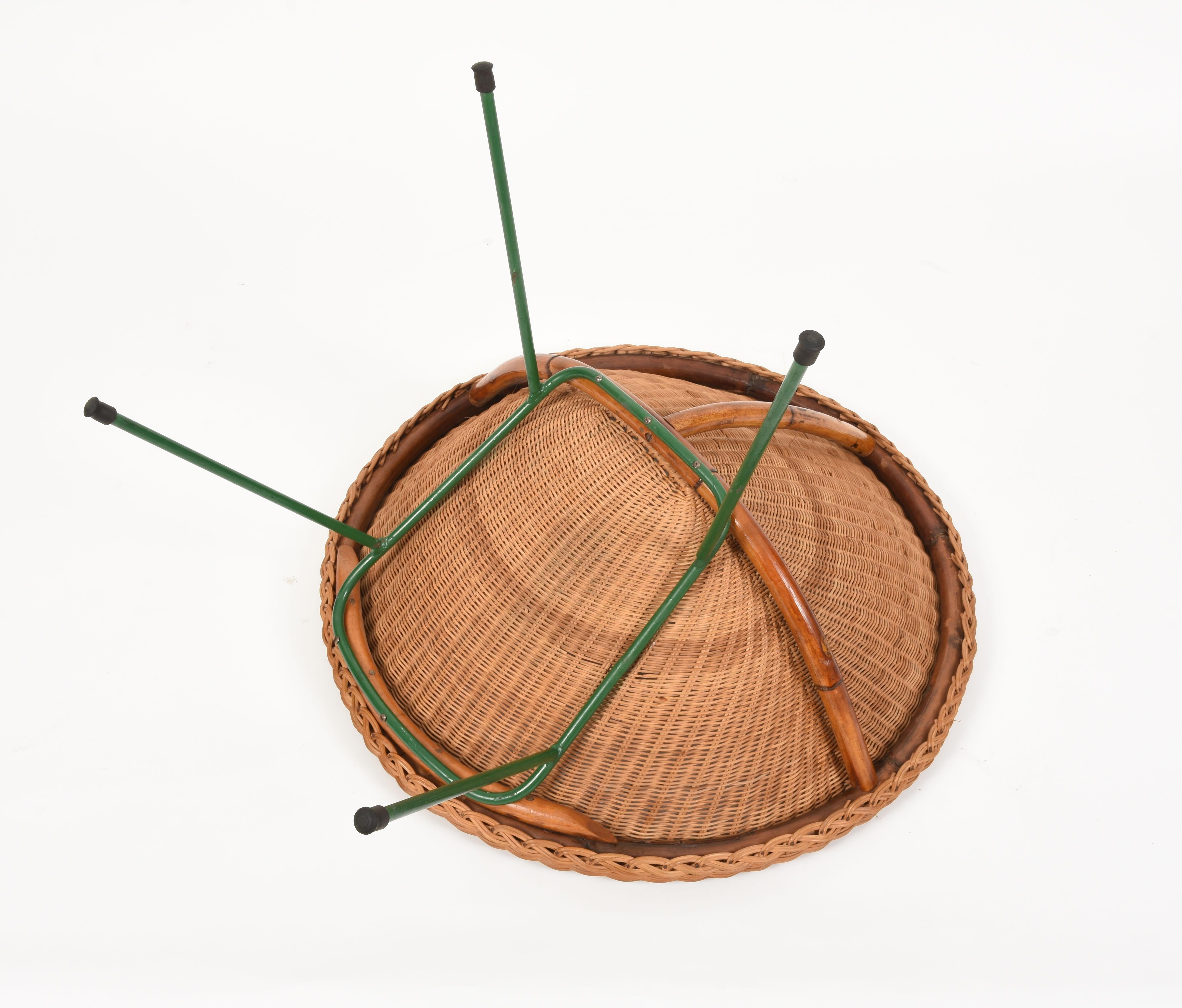 Midcentury Italian Rattan and Bamboo Shell Armchair with Green Metal Legs, 1950s 6