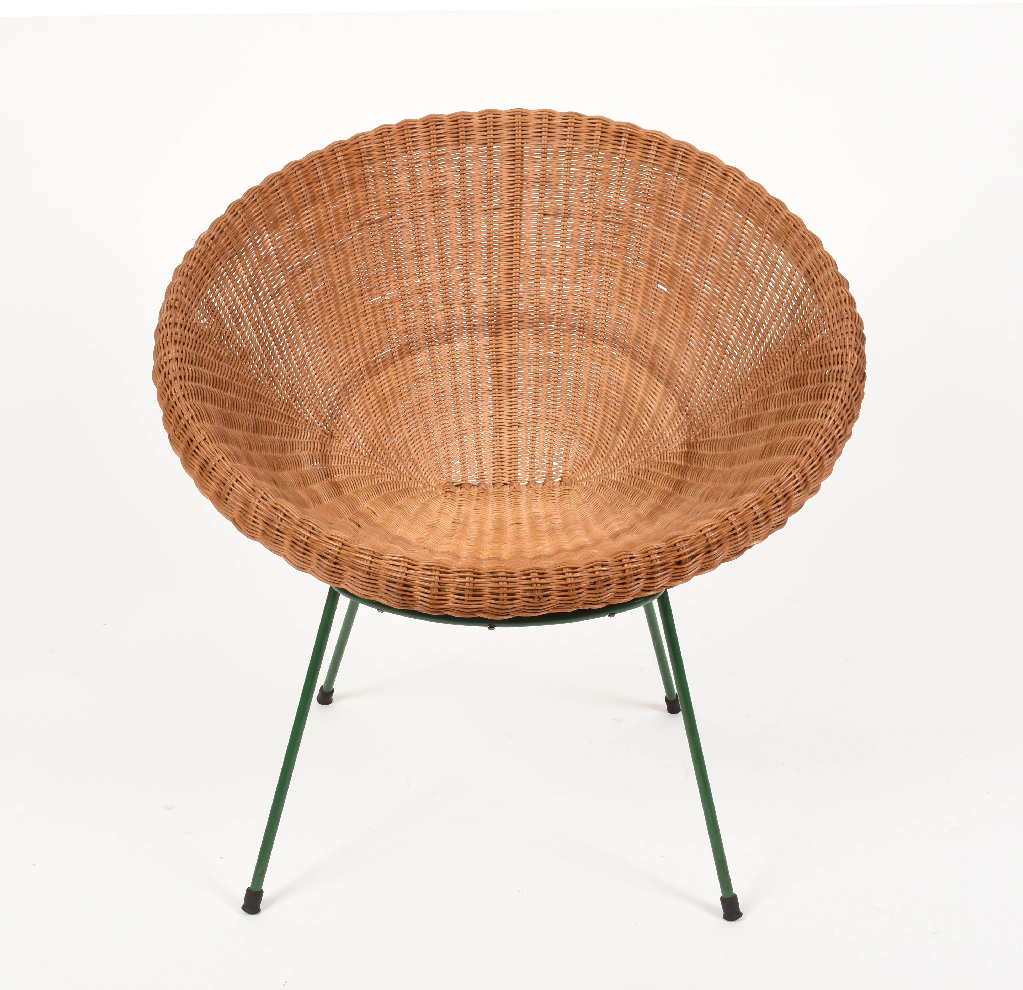 Mid-Century Modern Midcentury Italian Rattan and Bamboo Shell Armchair with Green Metal Legs, 1950s