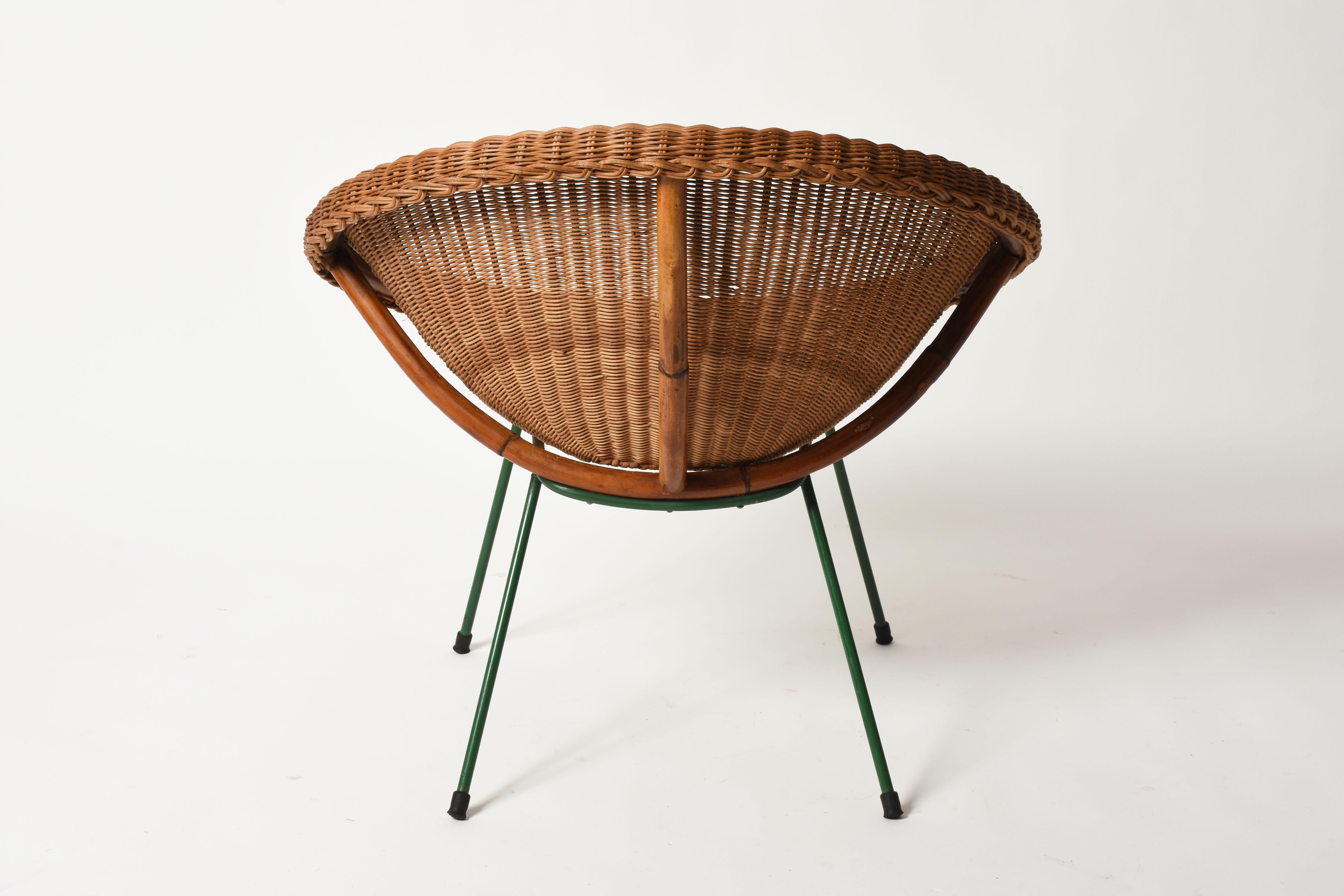 Lacquered Midcentury Italian Rattan and Bamboo Shell Armchair with Green Metal Legs, 1950s