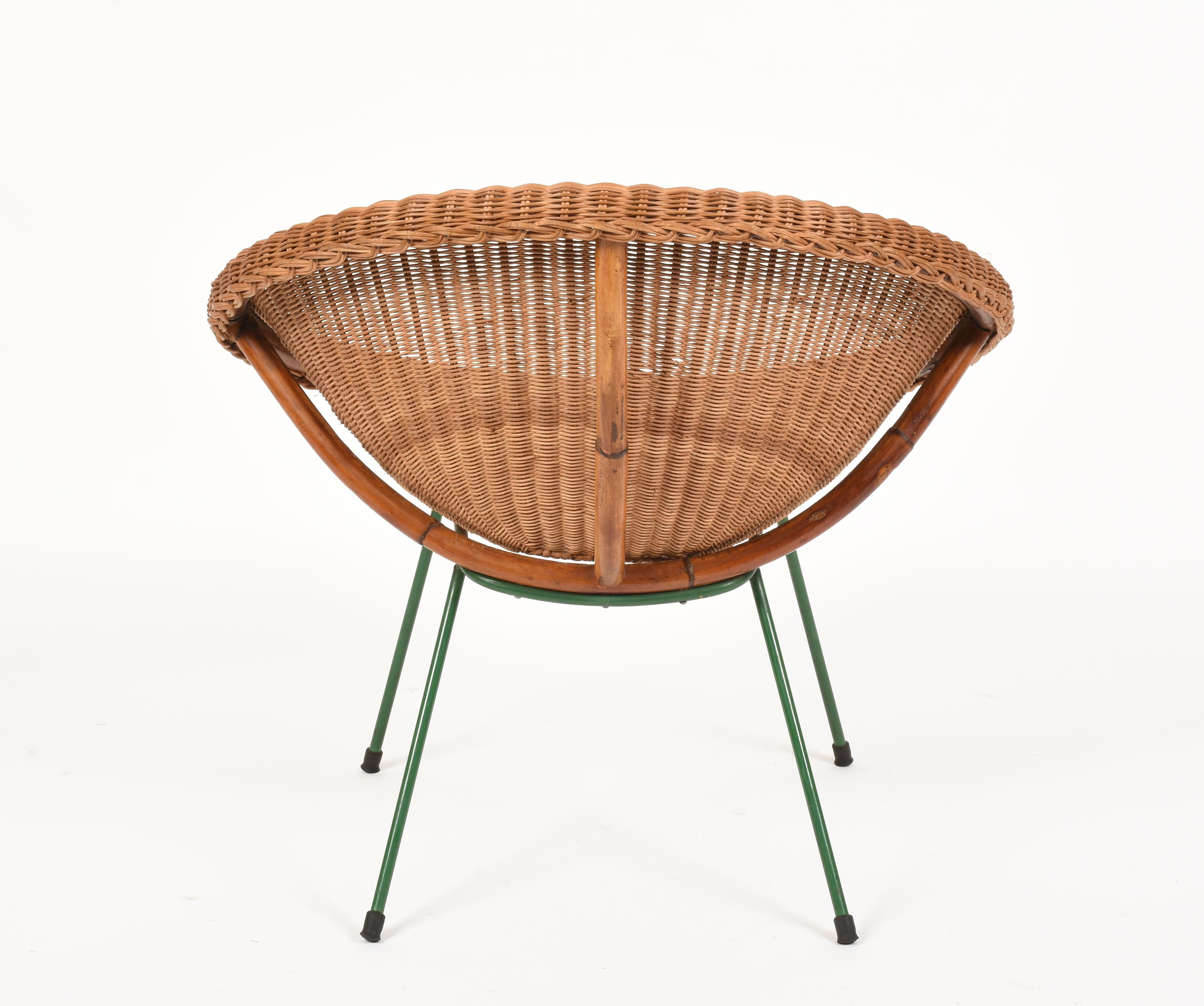 Mid-20th Century Midcentury Italian Rattan and Bamboo Shell Armchair with Green Metal Legs, 1950s