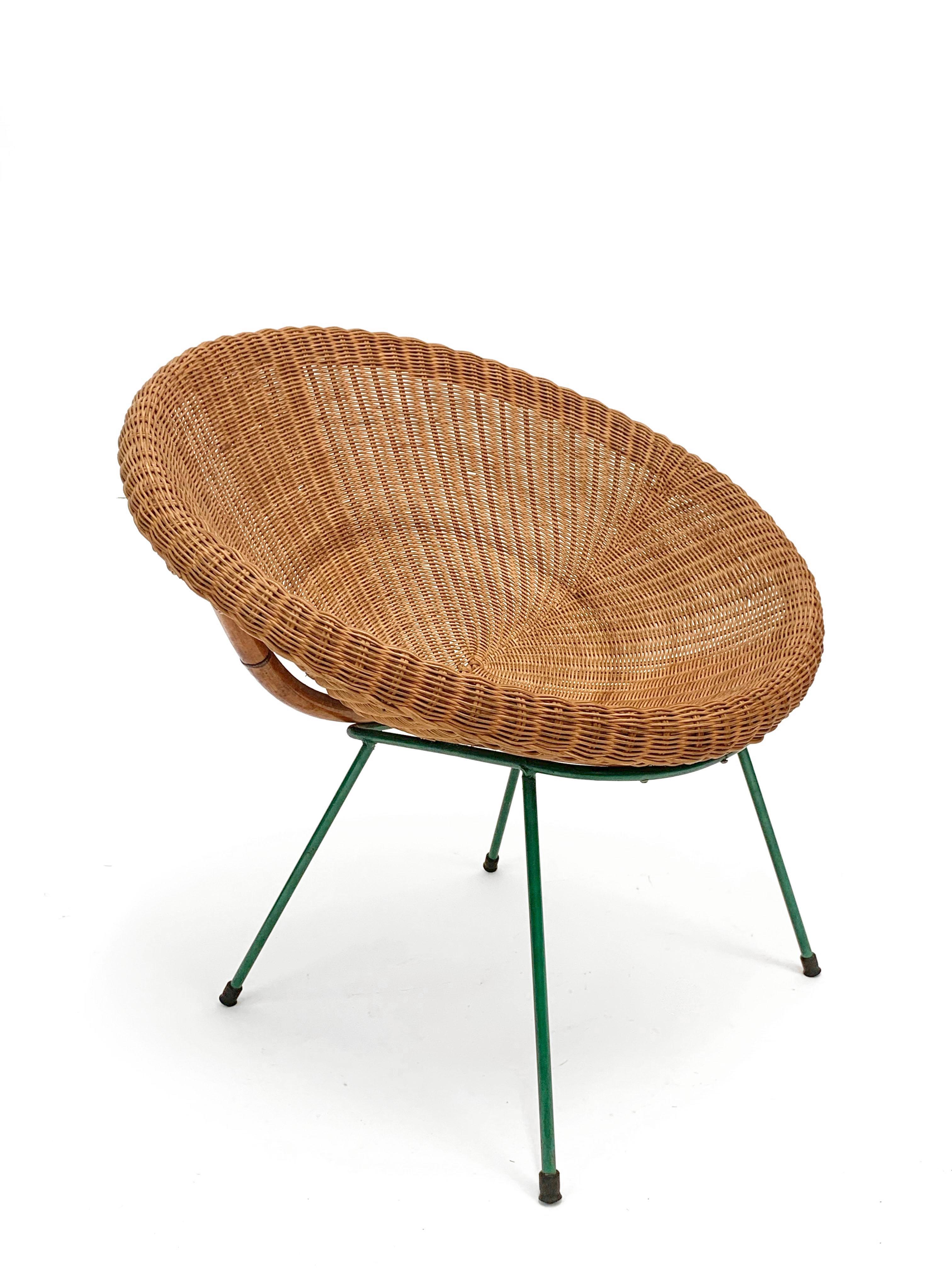 Iron Midcentury Italian Rattan and Bamboo Shell Armchair with Green Metal Legs, 1950s