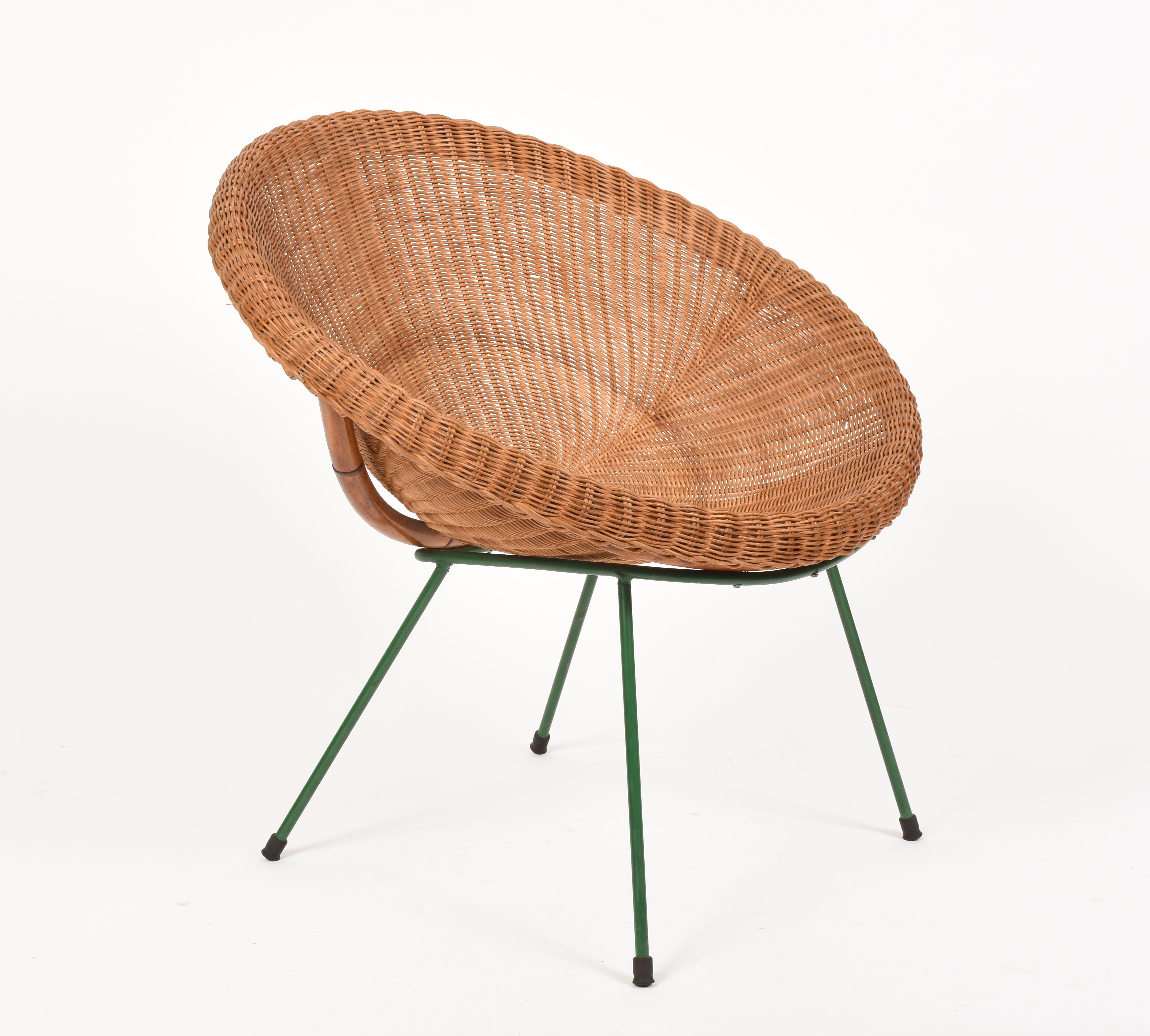 Midcentury Italian Rattan and Bamboo Shell Armchair with Green Metal Legs, 1950s 1