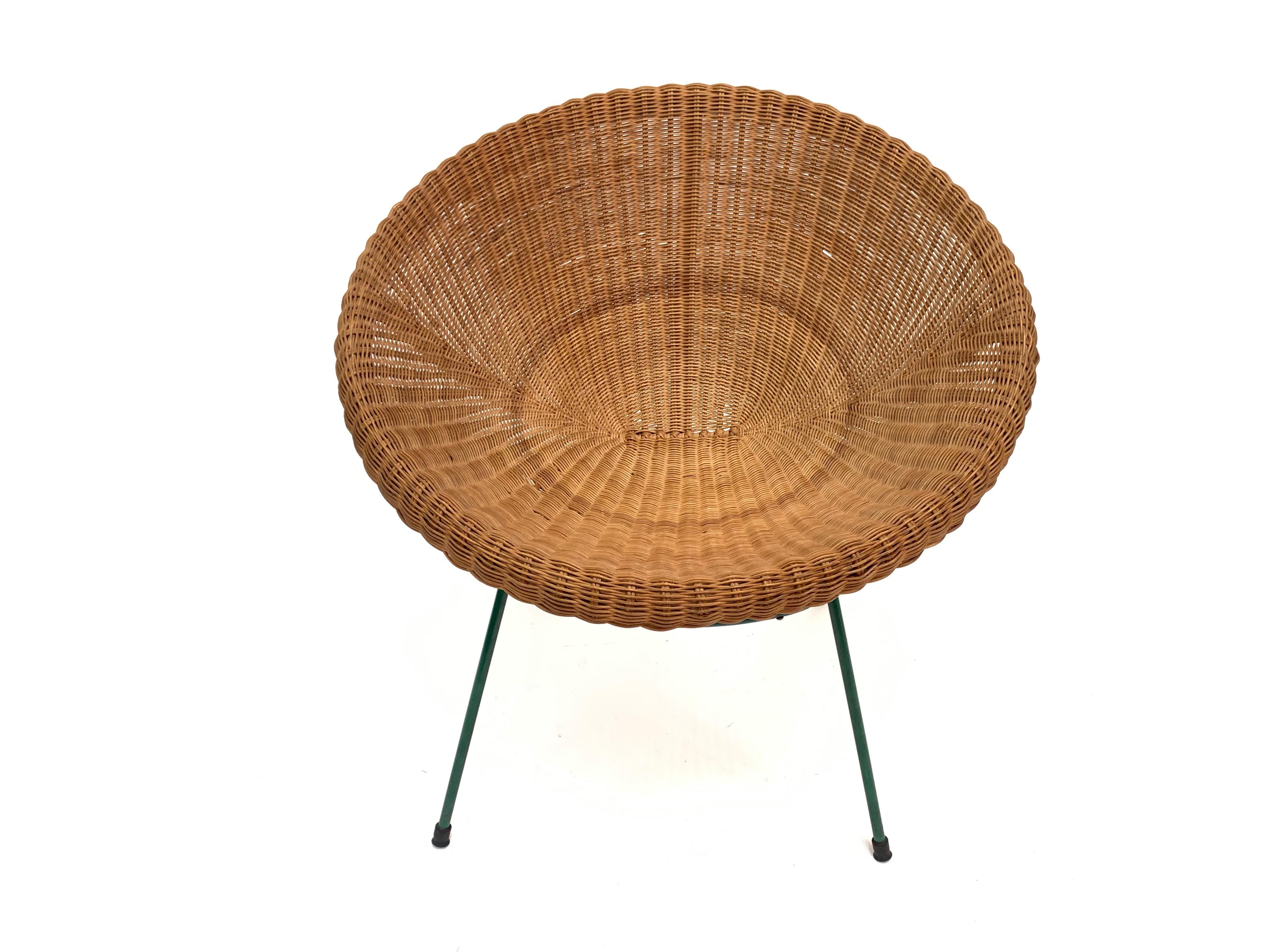 Midcentury Italian Rattan and Bamboo Shell Armchair with Green Metal Legs, 1950s 2