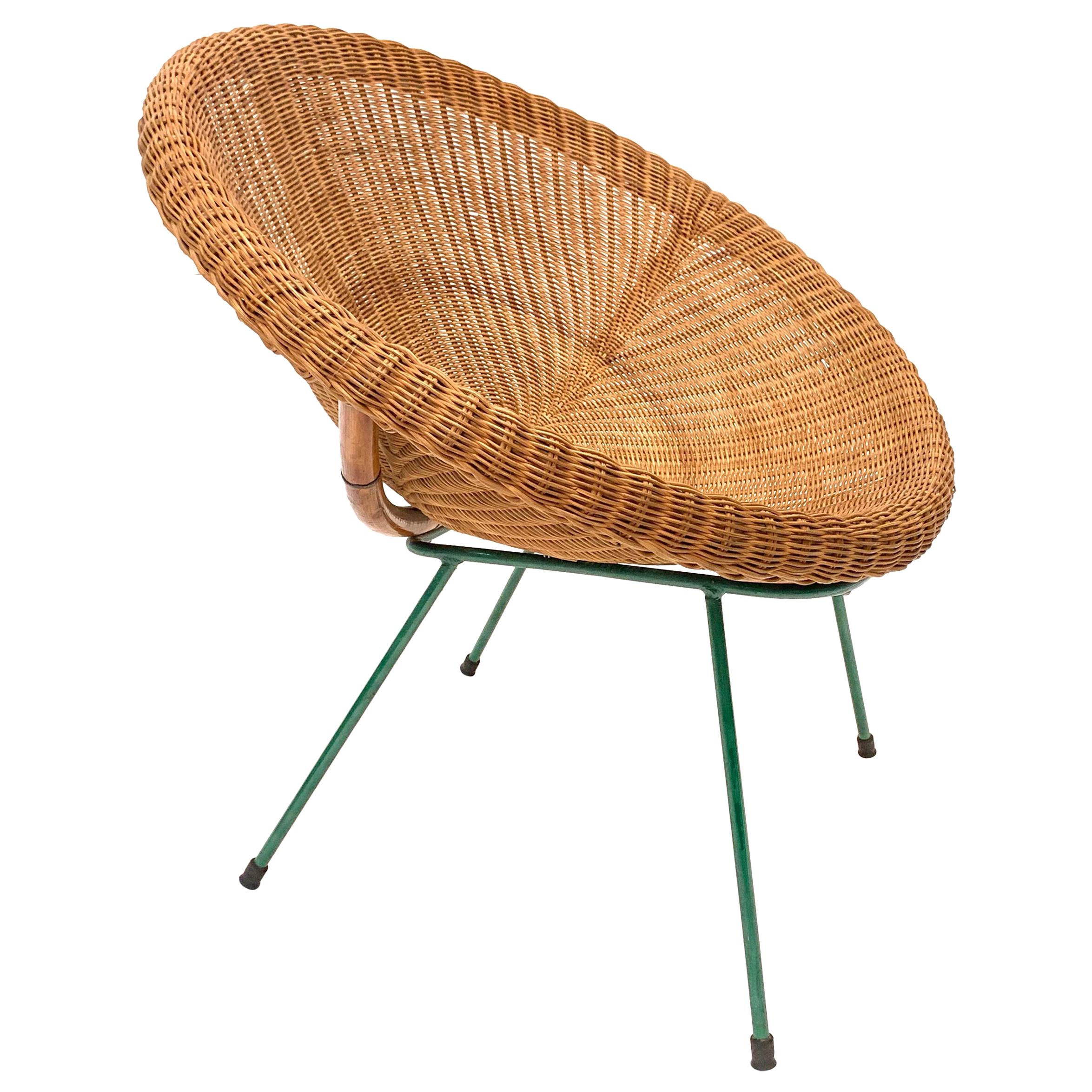 Midcentury Italian Rattan and Bamboo Shell Armchair with Green Metal Legs, 1950s