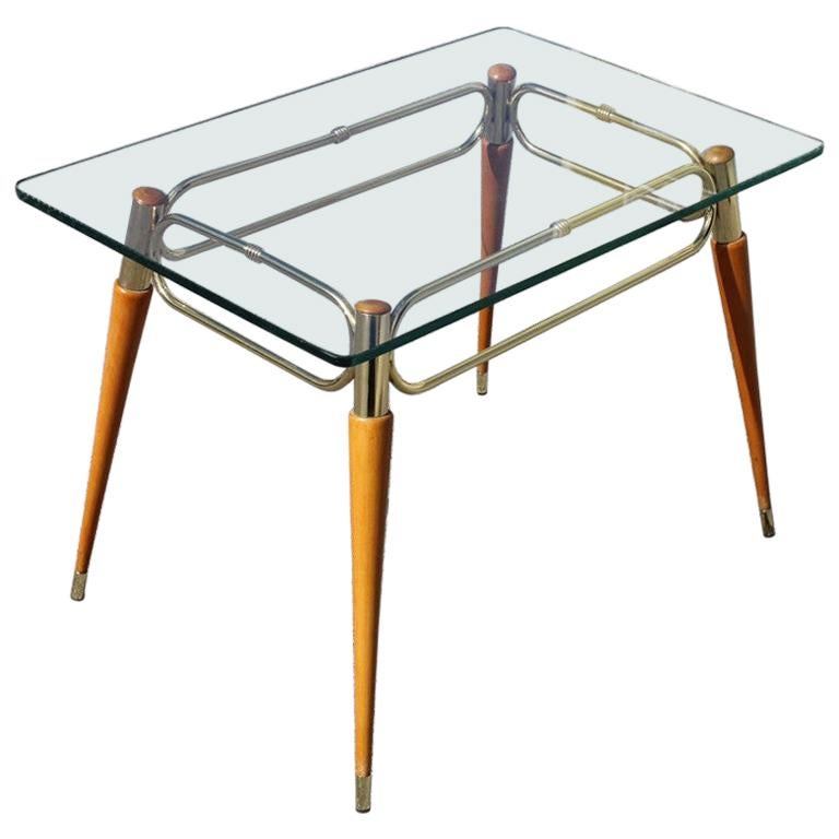 Midcentury Italian Rectangular Coffee Table in Brass and Maple with Glass Top