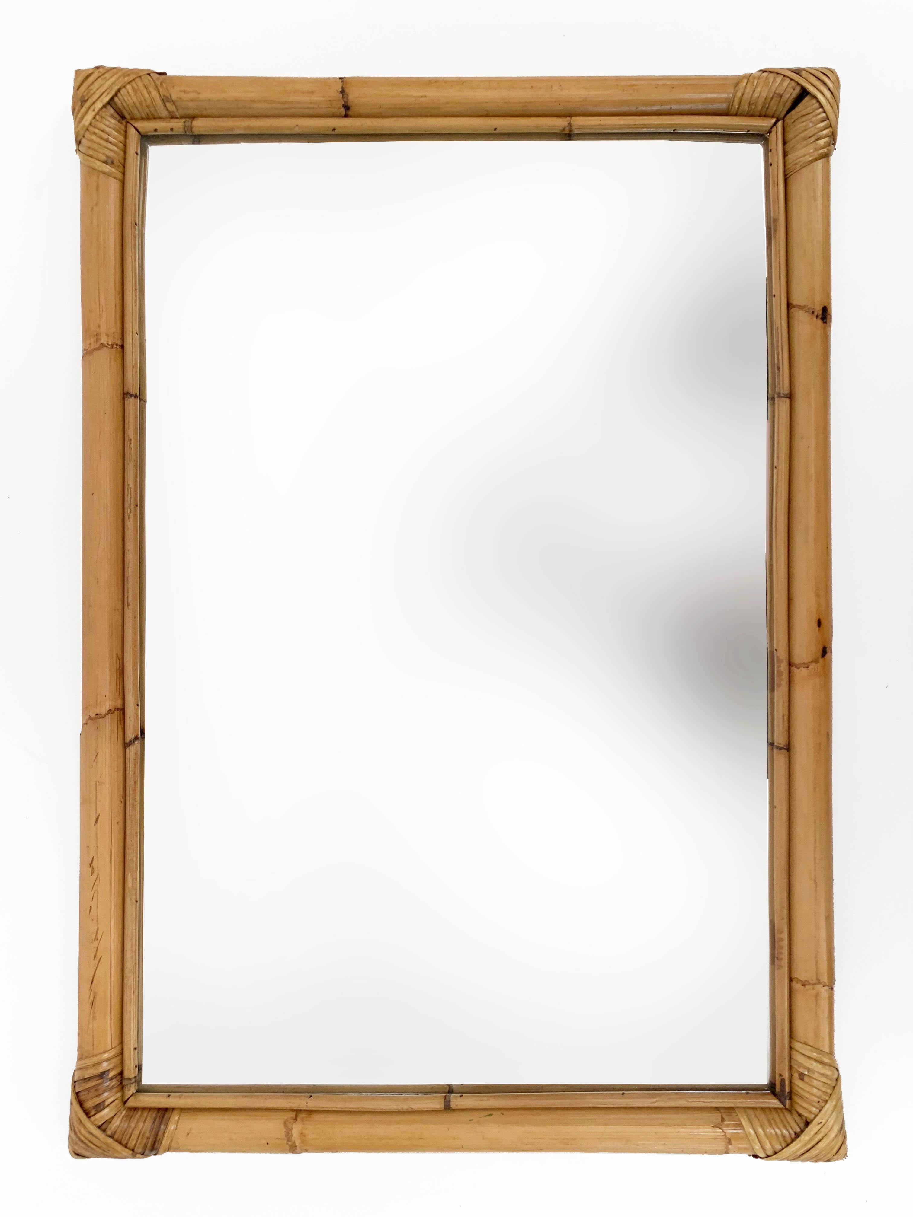 Mid-Century Modern Midcentury Italian Rectangular Mirror with Bamboo Woven Wicker Frame, 1970s