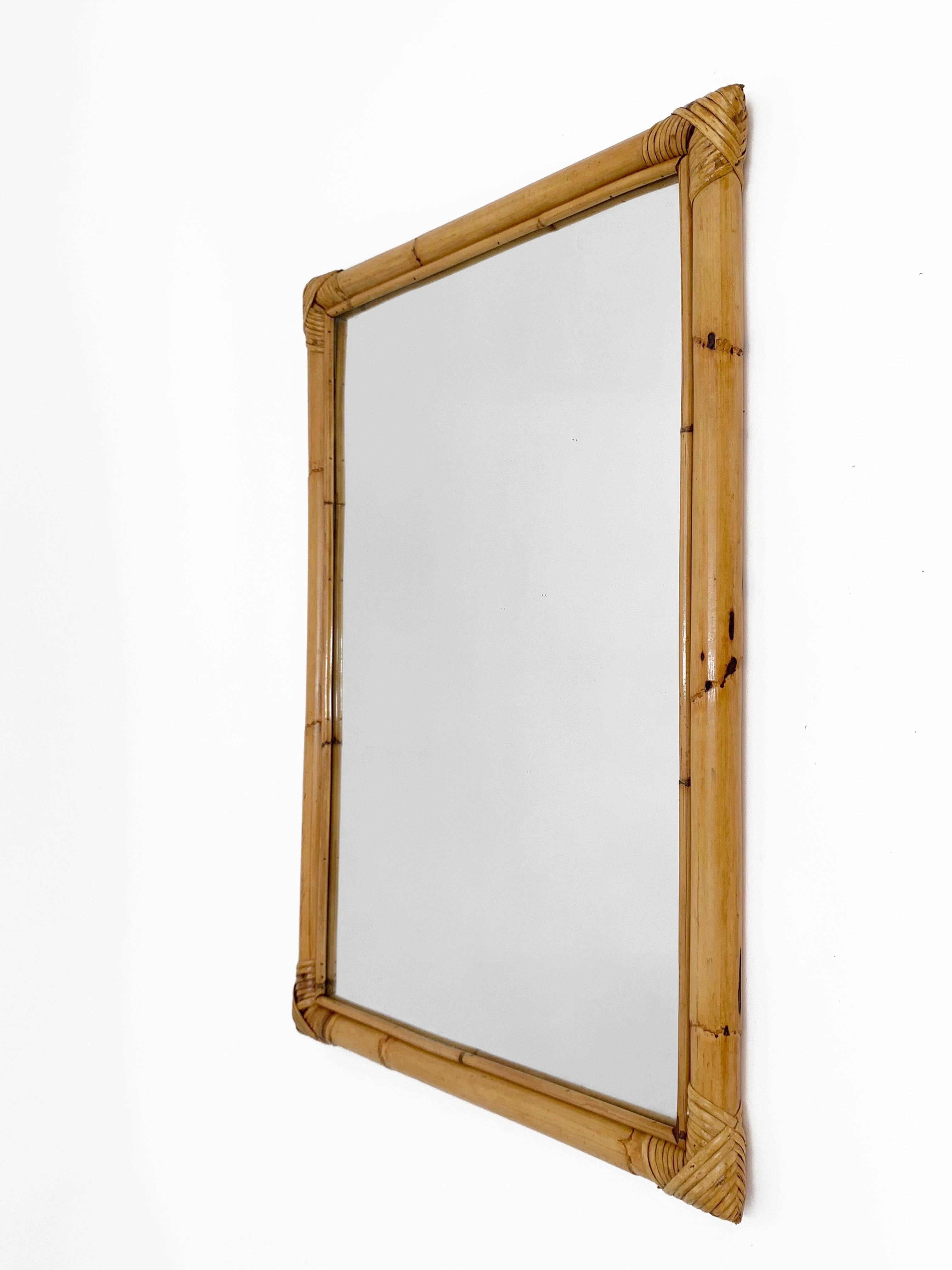 Midcentury Italian Rectangular Mirror with Bamboo Woven Wicker Frame, 1970s In Good Condition In Roma, IT