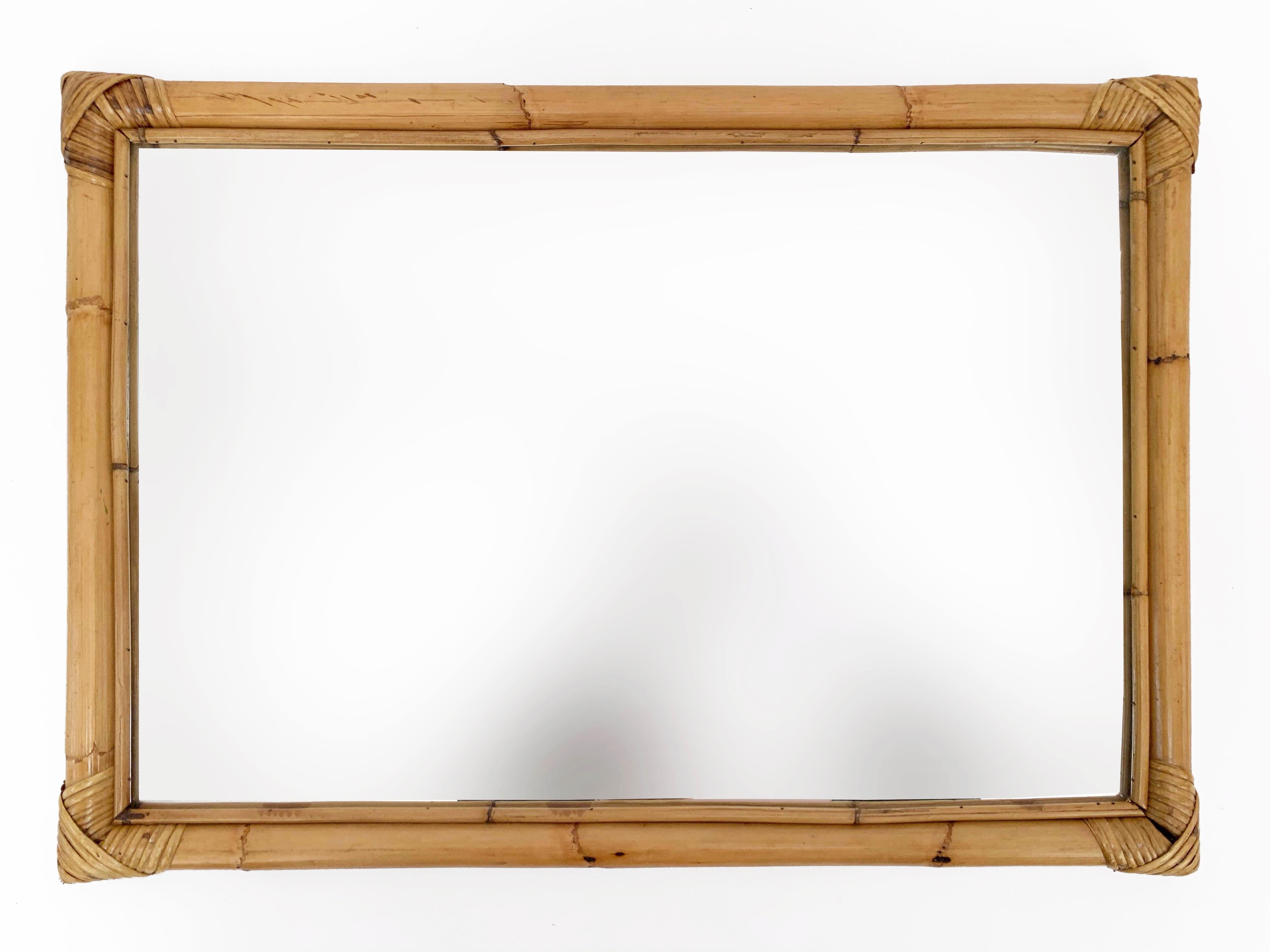 Midcentury Italian Rectangular Mirror with Bamboo Woven Wicker Frame, 1970s 1