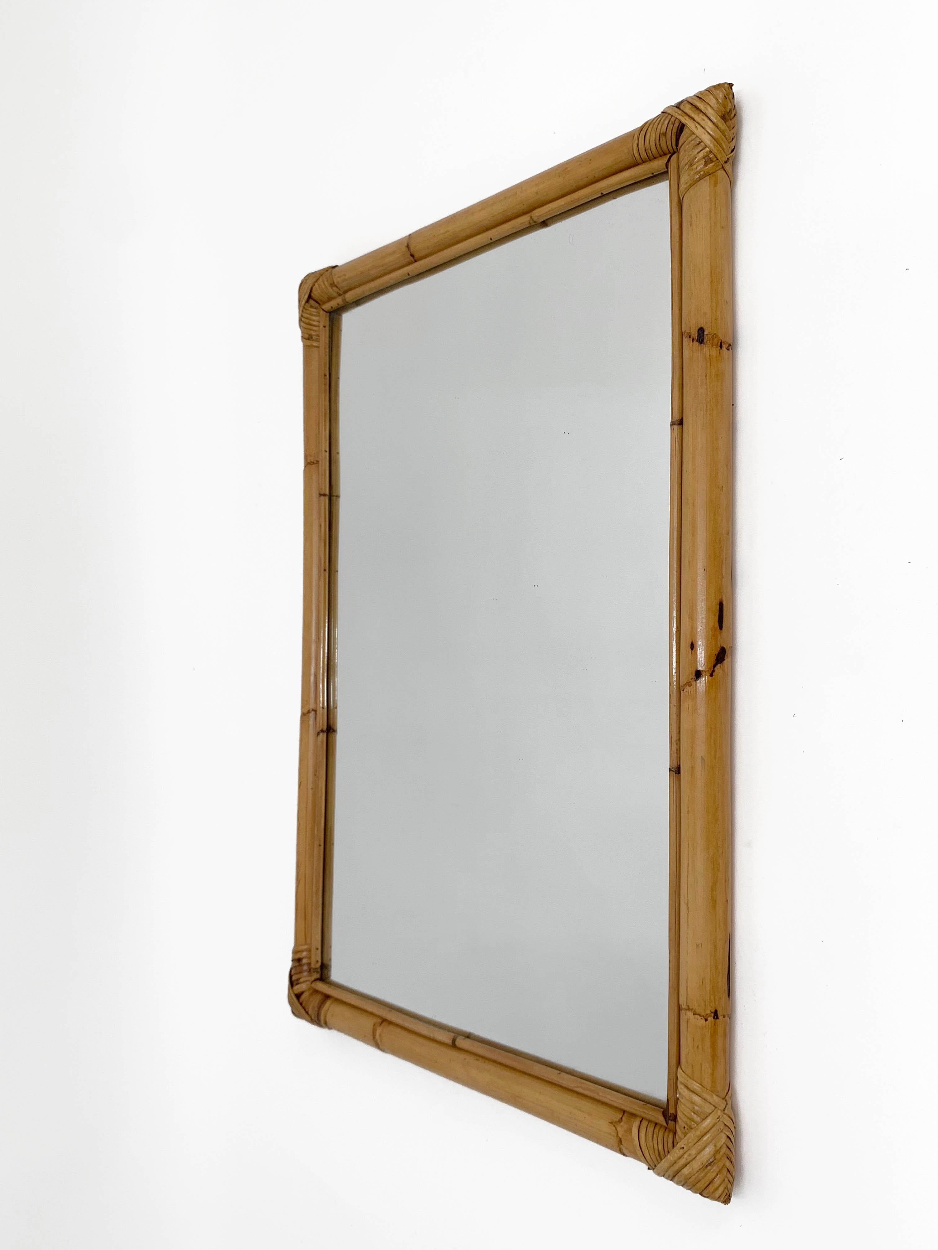 Midcentury Italian Rectangular Mirror with Bamboo Woven Wicker Frame, 1970s 2