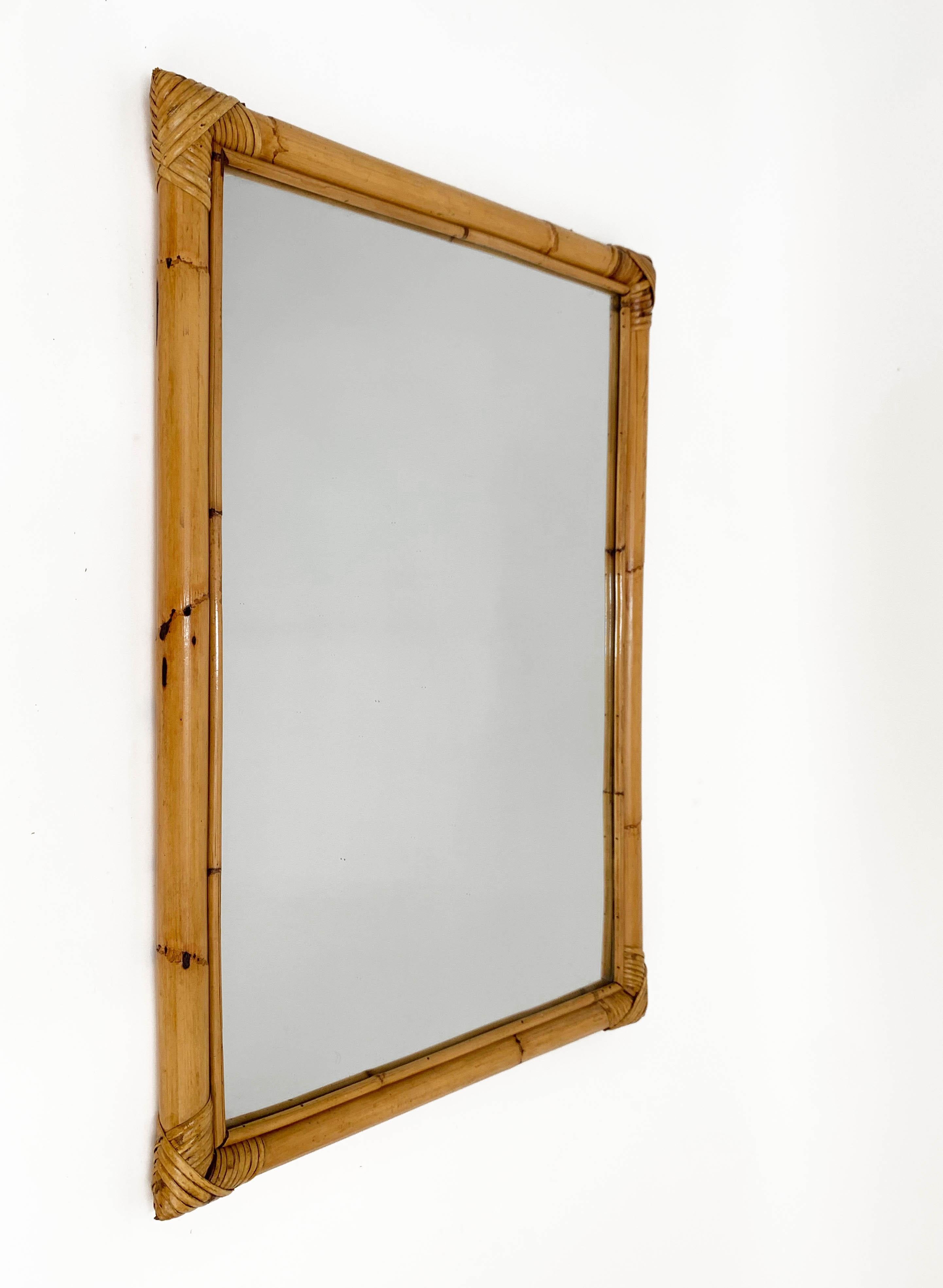 Midcentury Italian Rectangular Mirror with Bamboo Woven Wicker Frame, 1970s 3