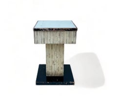 Midcentury Italian Ribbed Wood Pedestal Side Table with Mirror Top