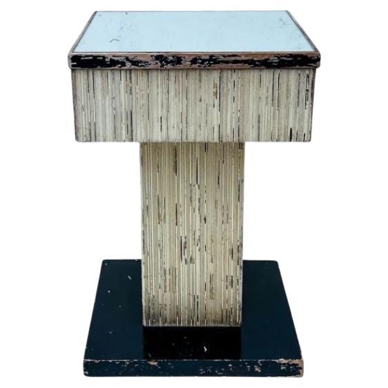 Midcentury Italian Ribbed Wood Pedestal Side Table with Mirror Top
