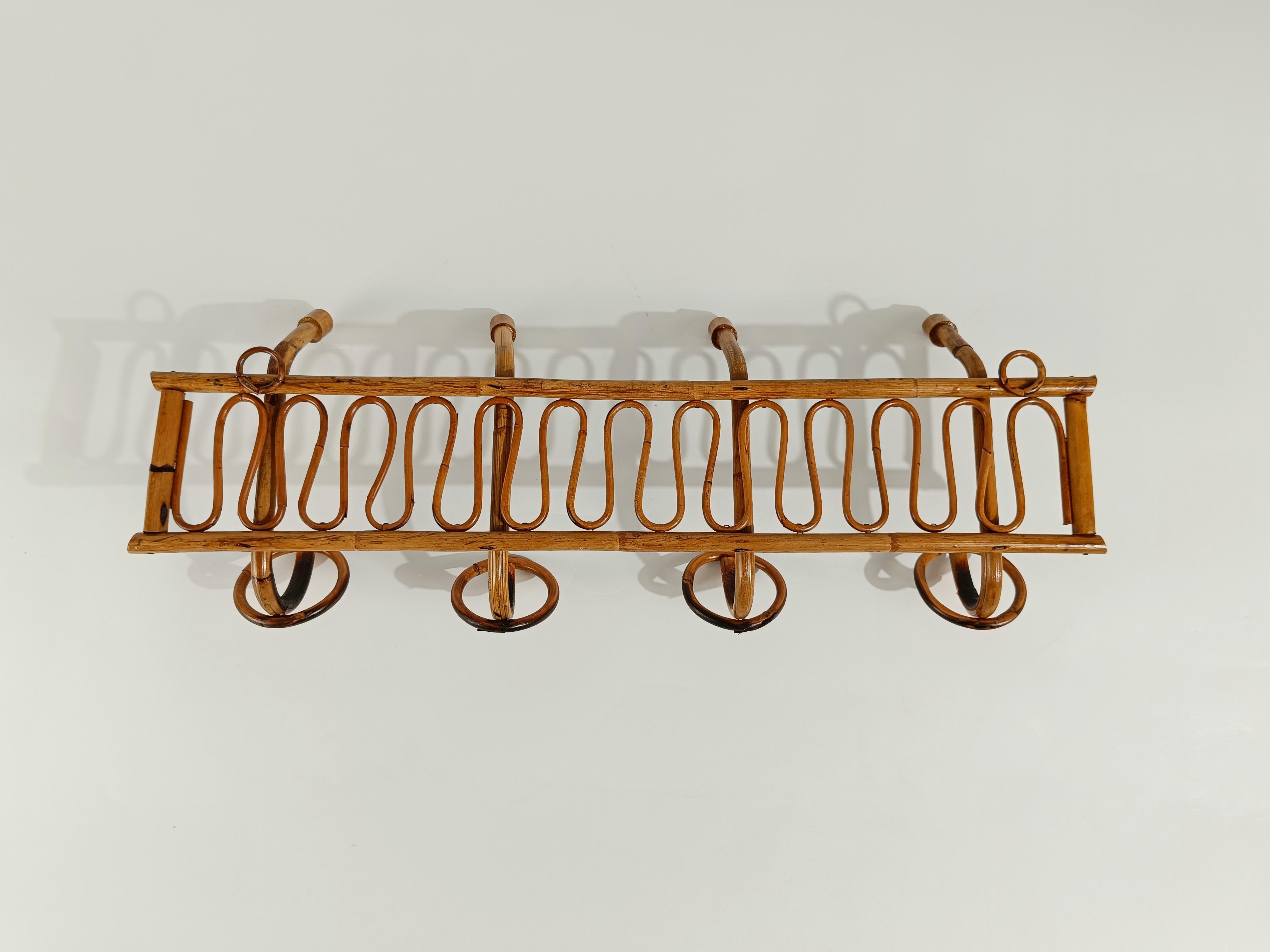 Midcentury Italian Riviera Rattan and Bamboo Wall Coat Rack / Wall Hanger 1960s For Sale 4