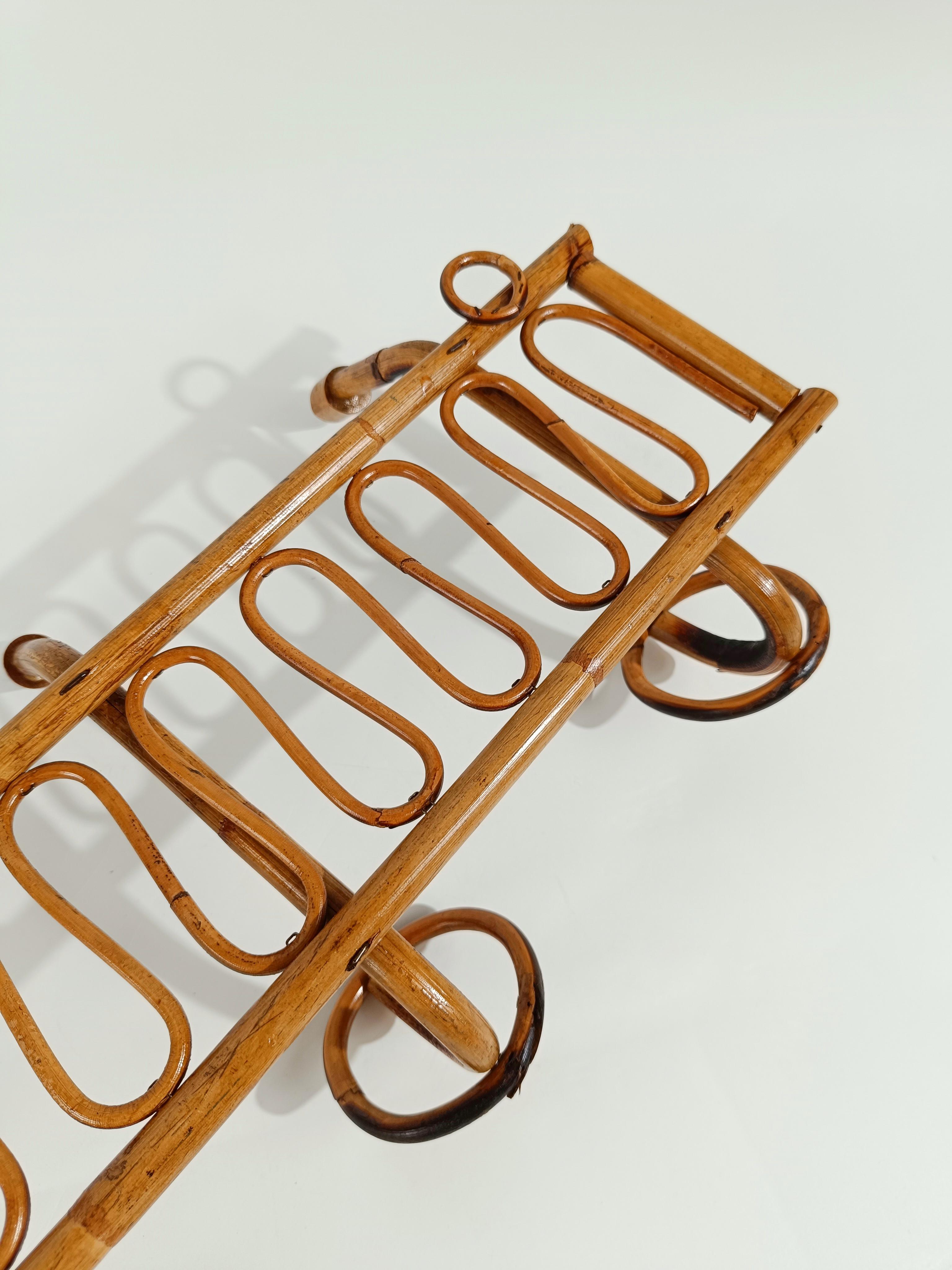 Midcentury Italian Riviera Rattan and Bamboo Wall Coat Rack / Wall Hanger 1960s For Sale 6