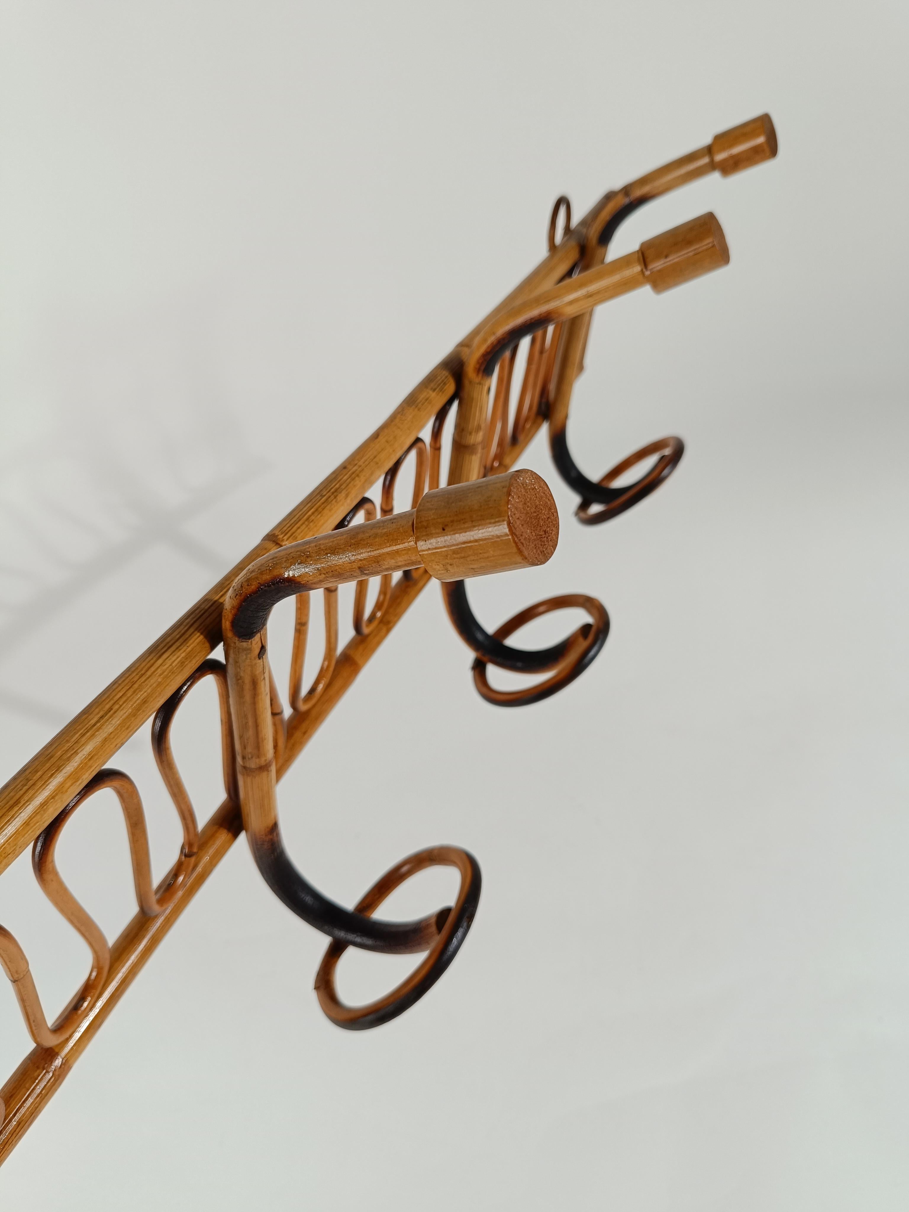 Midcentury Italian Riviera Rattan and Bamboo Wall Coat Rack / Wall Hanger 1960s For Sale 2