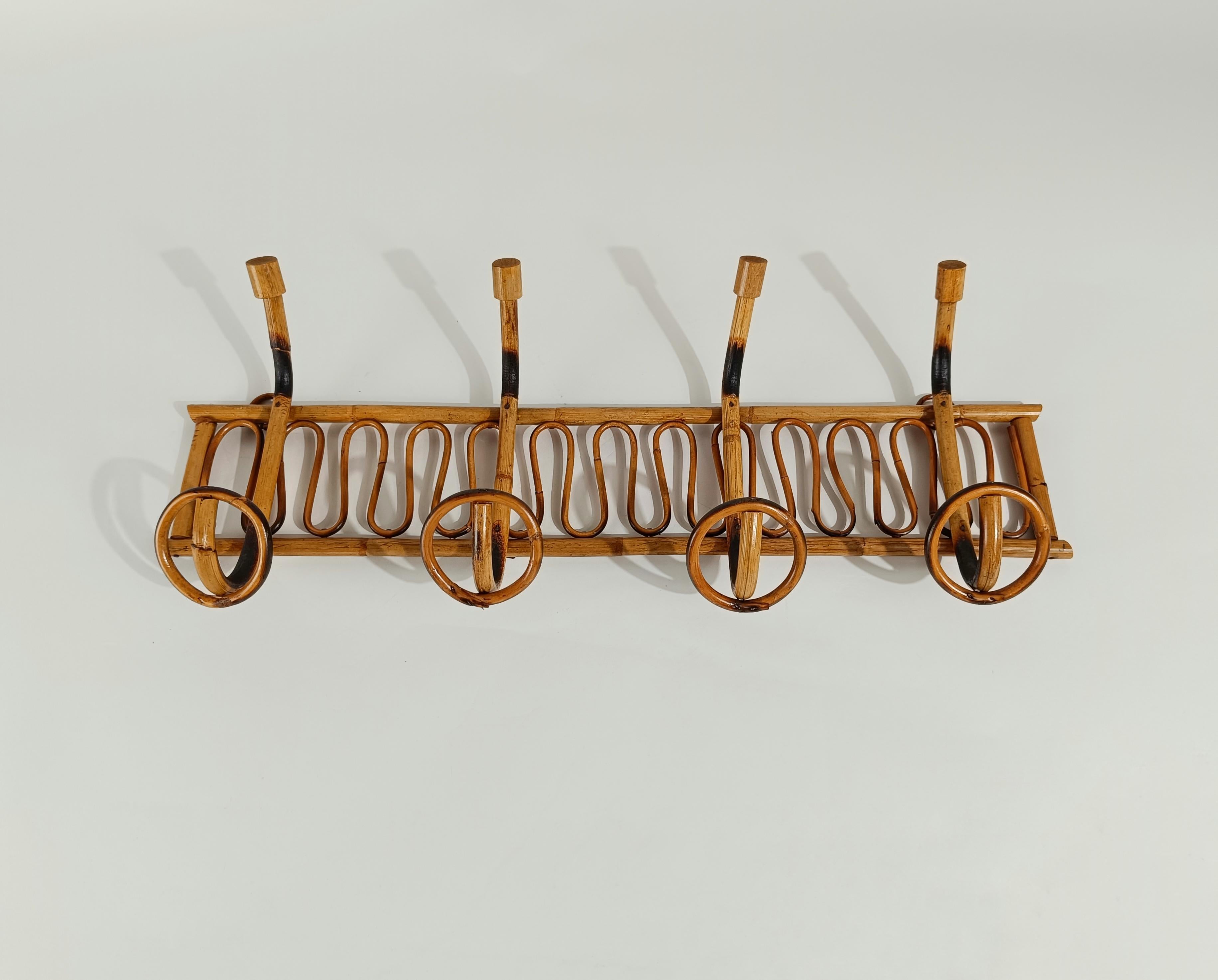 Midcentury Italian Riviera Rattan and Bamboo Wall Coat Rack / Wall Hanger 1960s For Sale 3