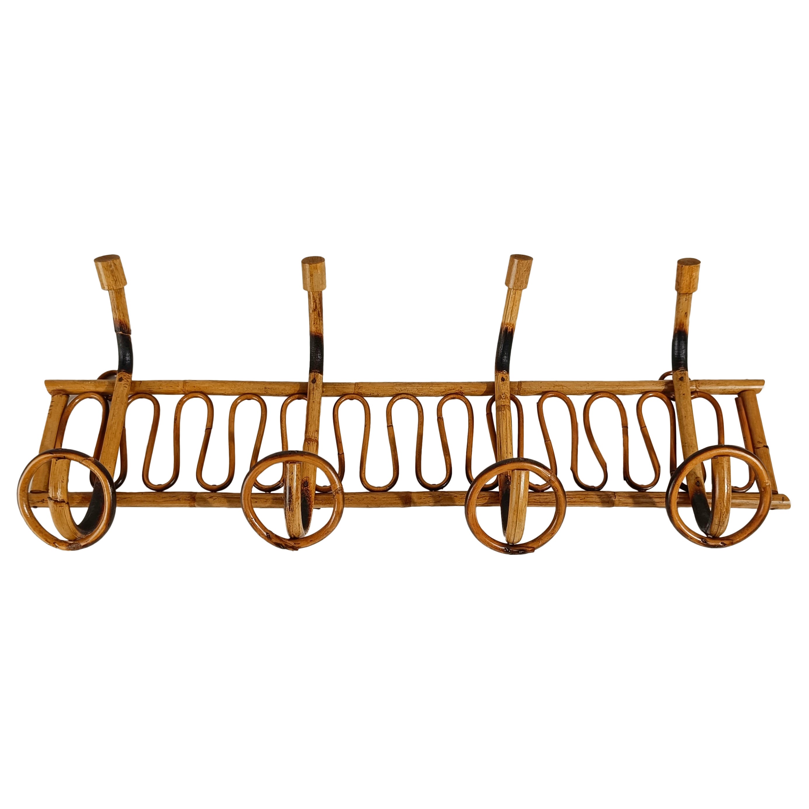 Midcentury Italian Riviera Rattan and Bamboo Wall Coat Rack / Wall Hanger 1960s