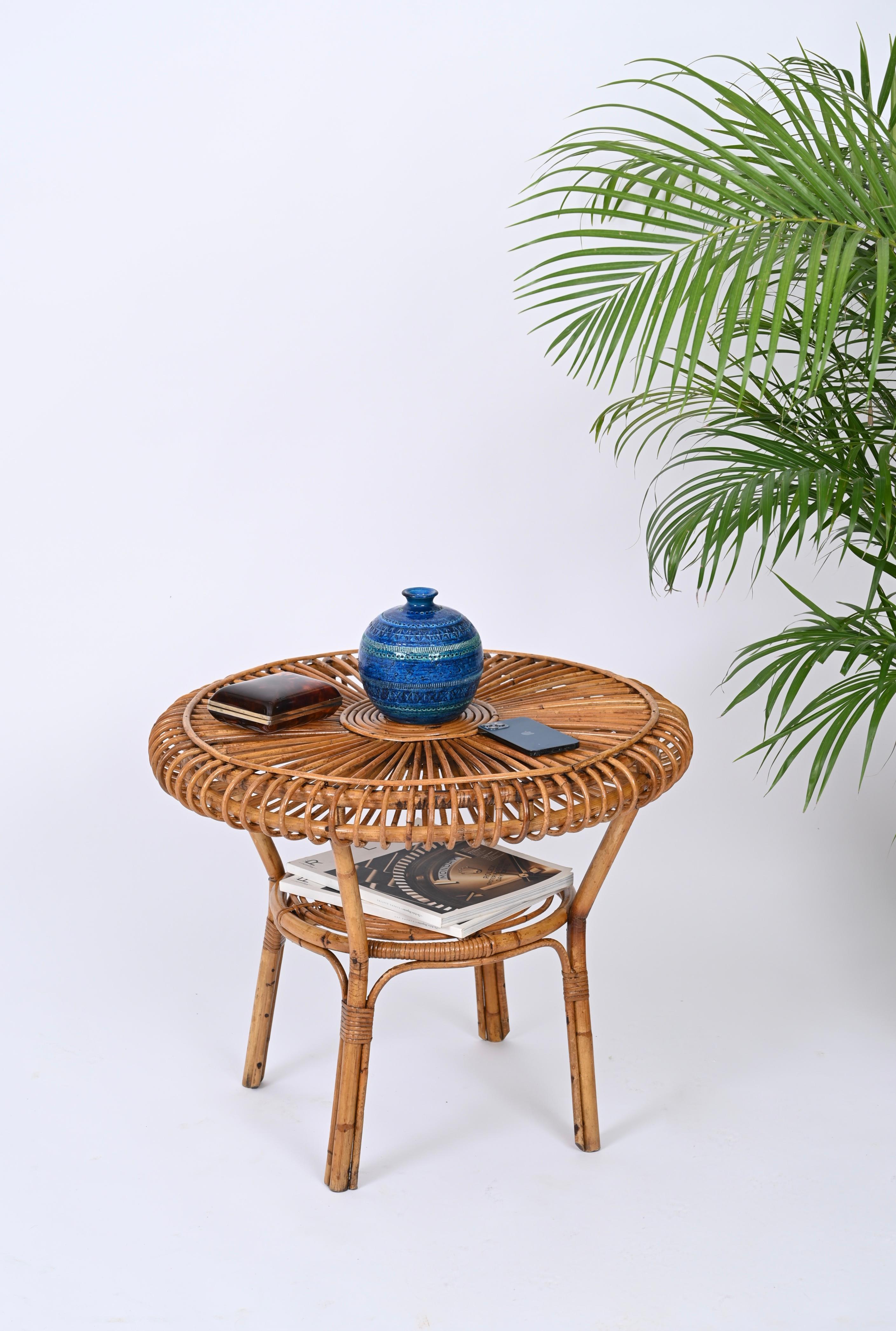 Mid-20th Century MidCentury Italian Round Coffee Table in Rattan and Bamboo, Italy 1960s For Sale