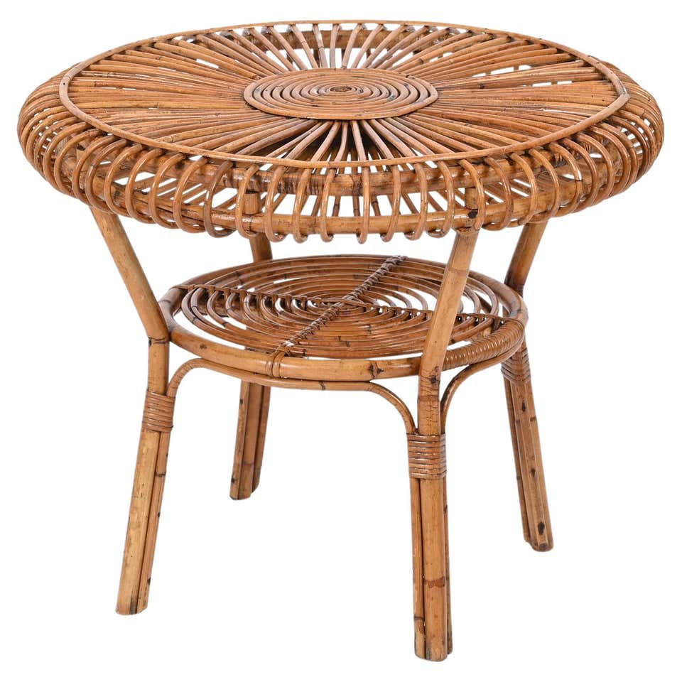 Round Rattan Tea Table Midcentury Round Rattan, Bamboo Italian Coffee Table with Glass Shelf ...