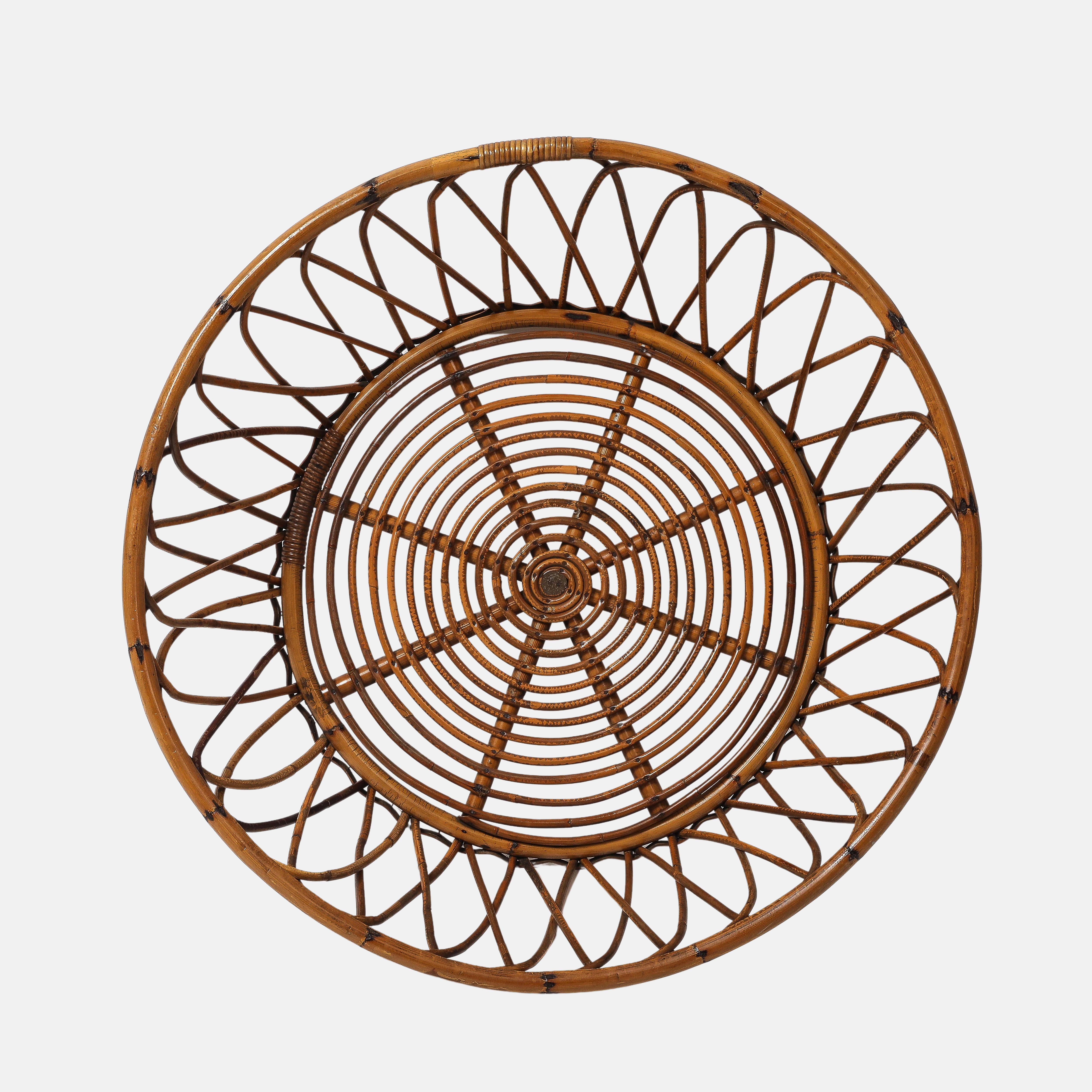 Midcentury Italian Round Glass Top Bamboo and Rattan Coffee Table, 1950s For Sale 4