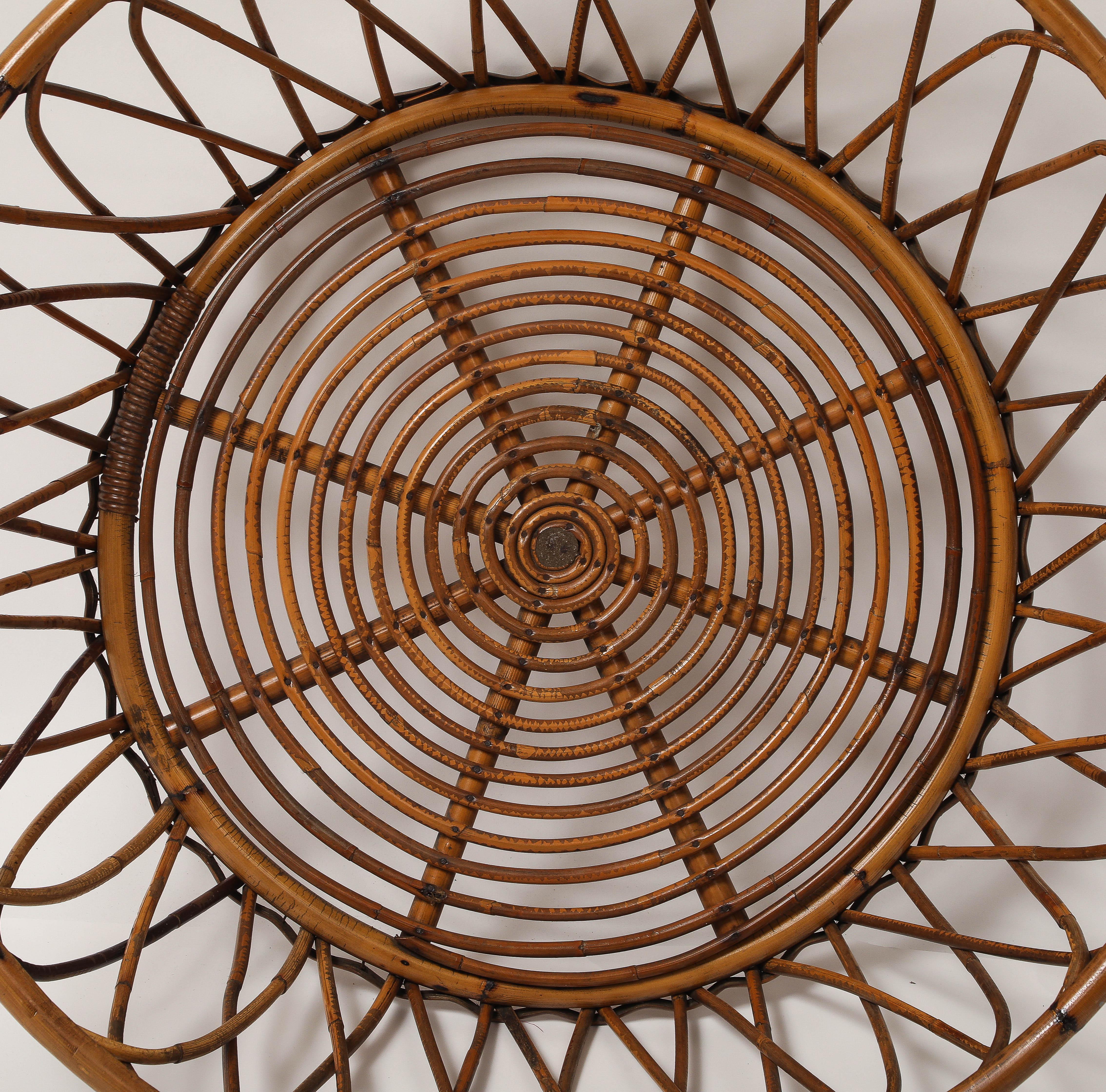 Midcentury Italian Round Glass Top Bamboo and Rattan Coffee Table, 1950s For Sale 5