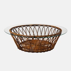 Midcentury Italian Round Glass Top Bamboo and Rattan Coffee Table, 1950s