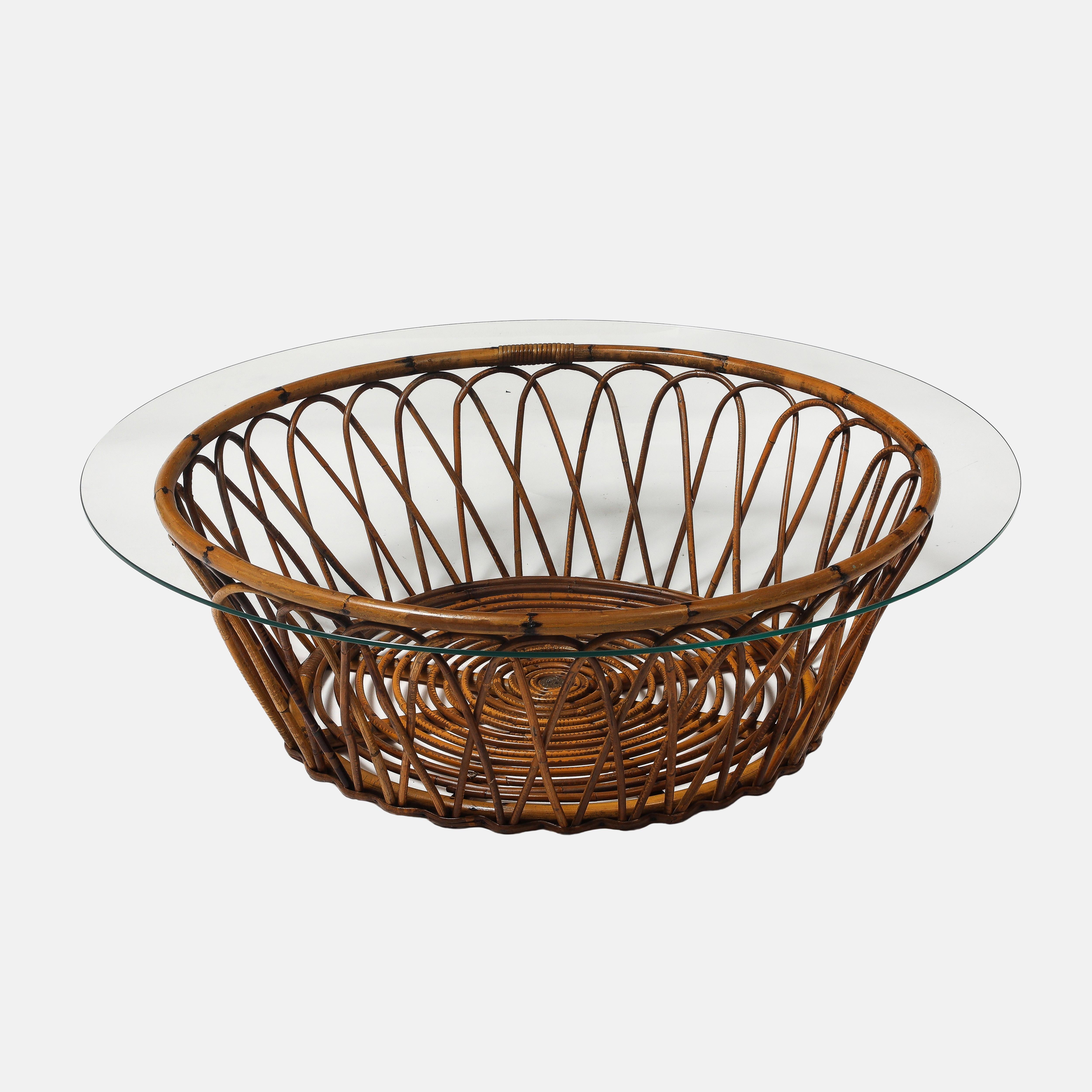 Mid-Century Modern Midcentury Italian Round Glass Top Bamboo and Rattan Coffee Table, 1950s For Sale