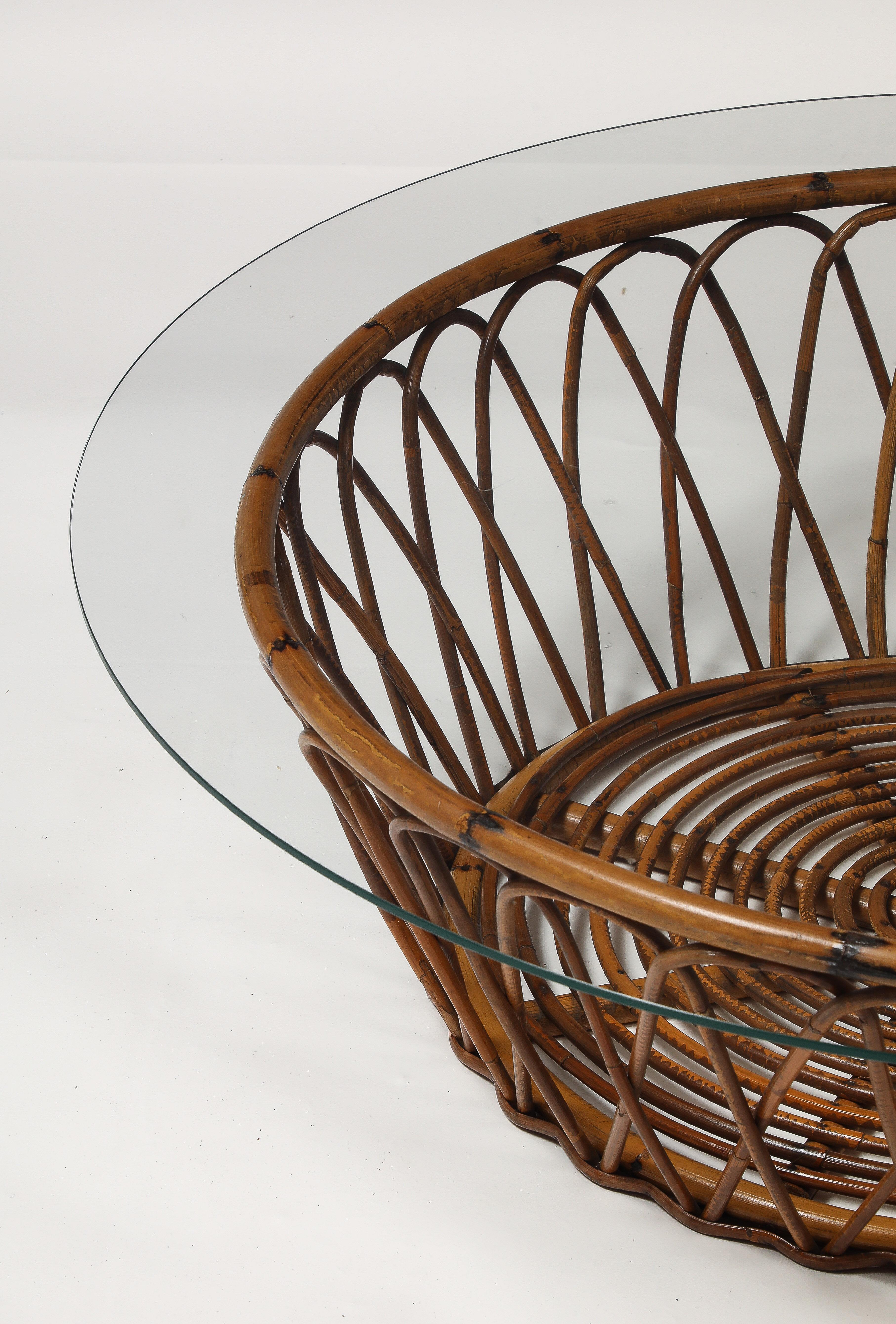 Lacquered Midcentury Italian Round Glass Top Bamboo and Rattan Coffee Table, 1950s For Sale
