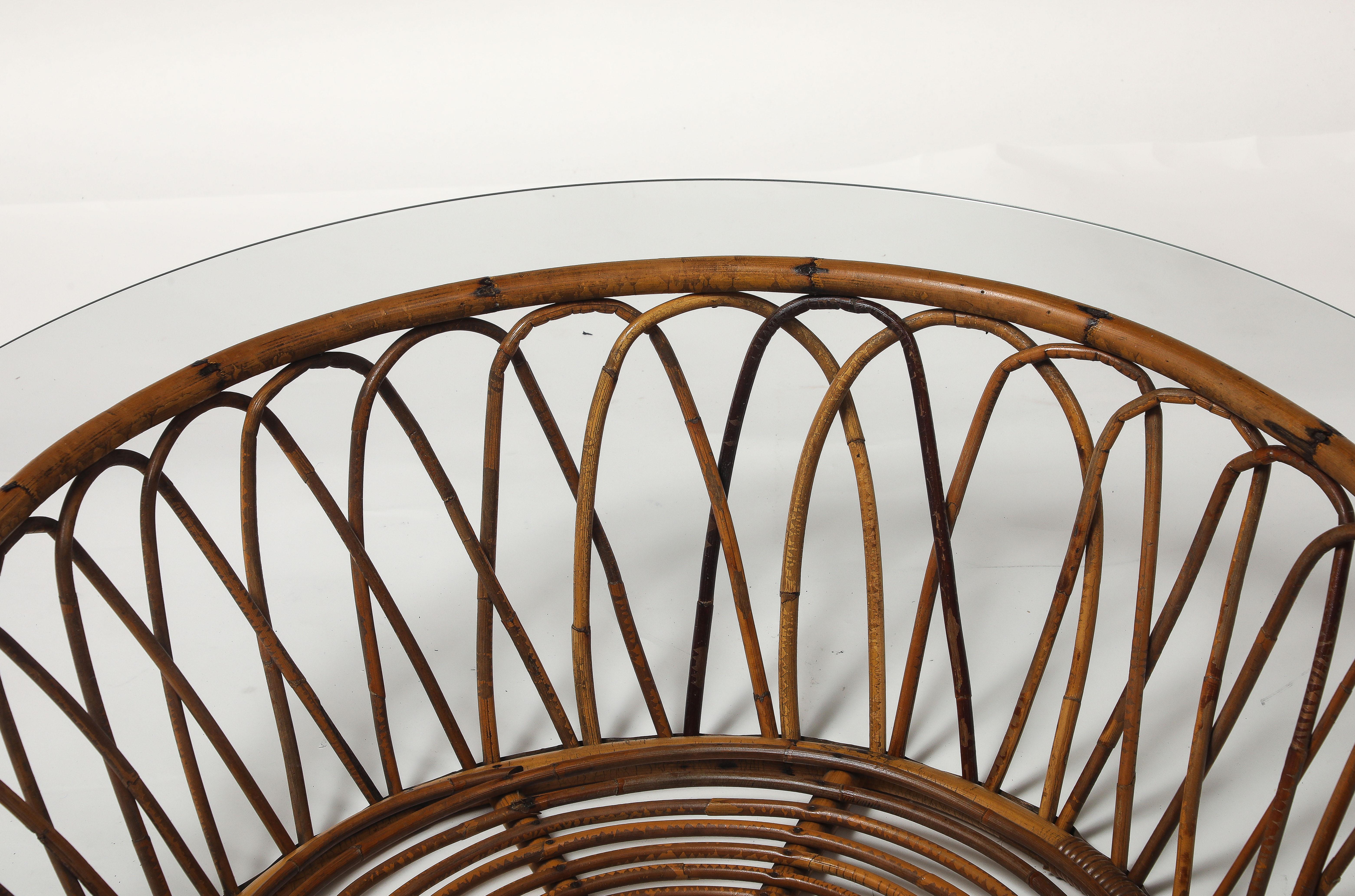 Midcentury Italian Round Glass Top Bamboo and Rattan Coffee Table, 1950s In Good Condition For Sale In New York, NY