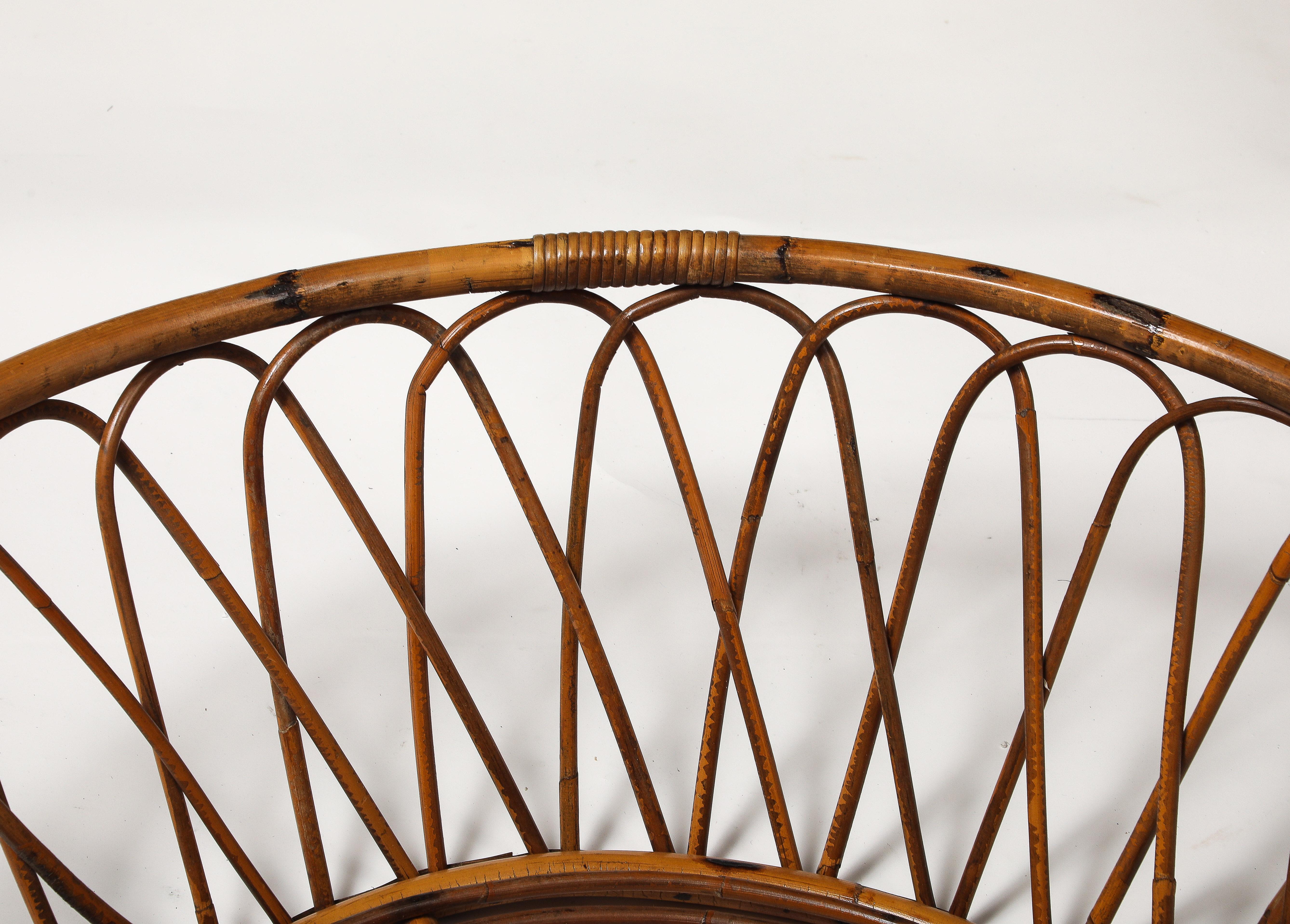 Midcentury Italian Round Glass Top Bamboo and Rattan Coffee Table, 1950s For Sale 2