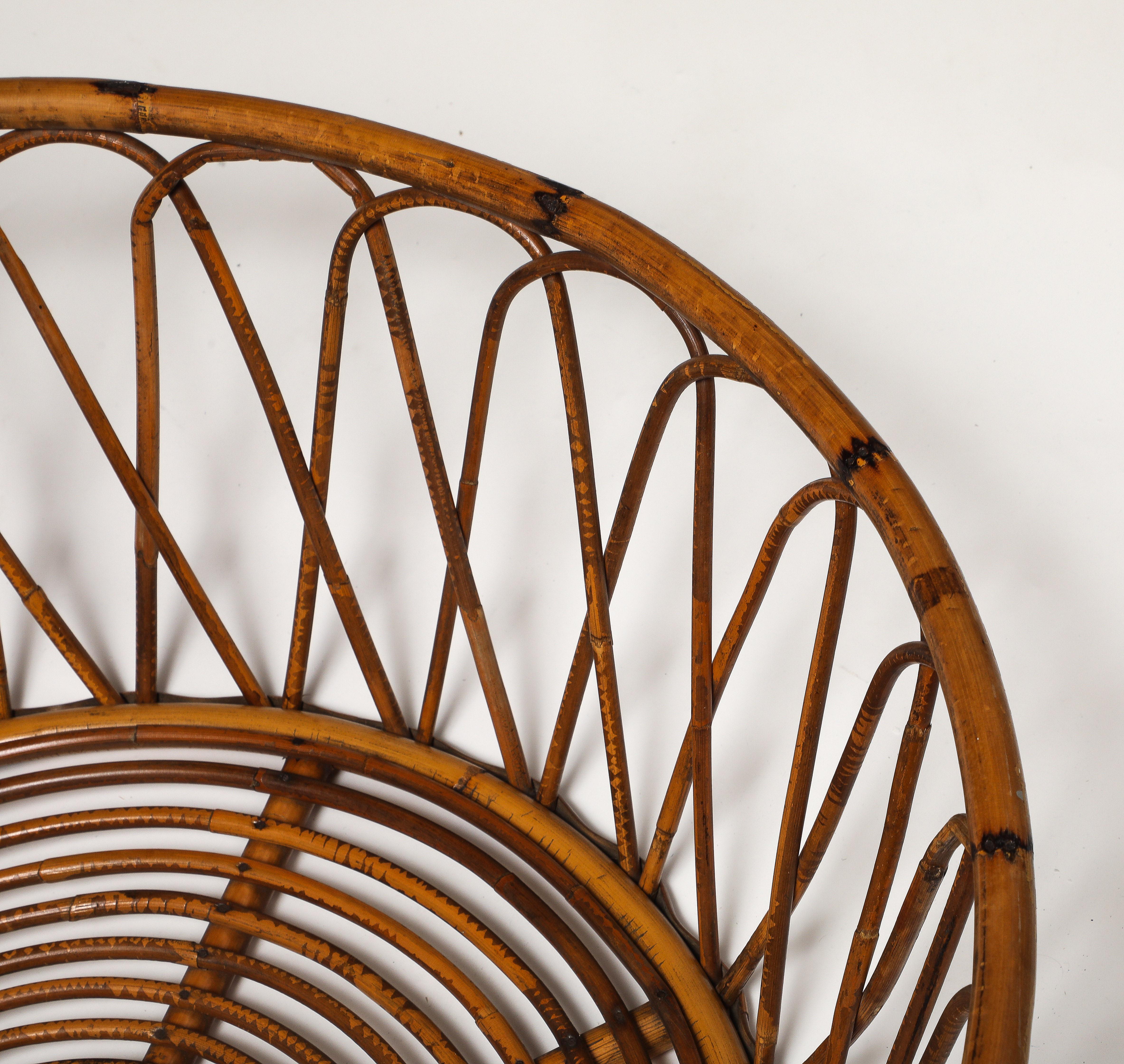 Midcentury Italian Round Glass Top Bamboo and Rattan Coffee Table, 1950s For Sale 3