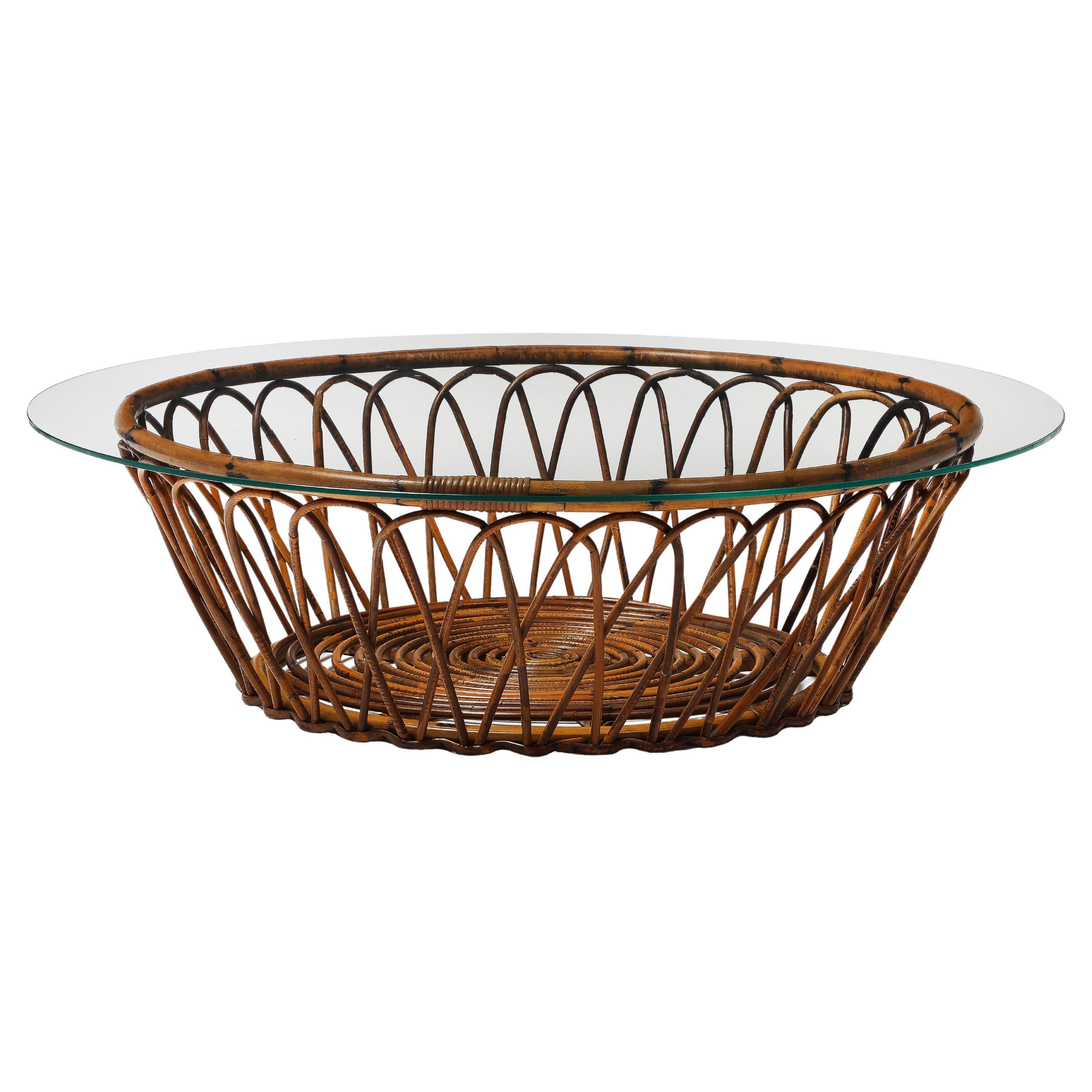 Midcentury Italian Round Glass Top Bamboo and Rattan Coffee Table, 1950s For Sale