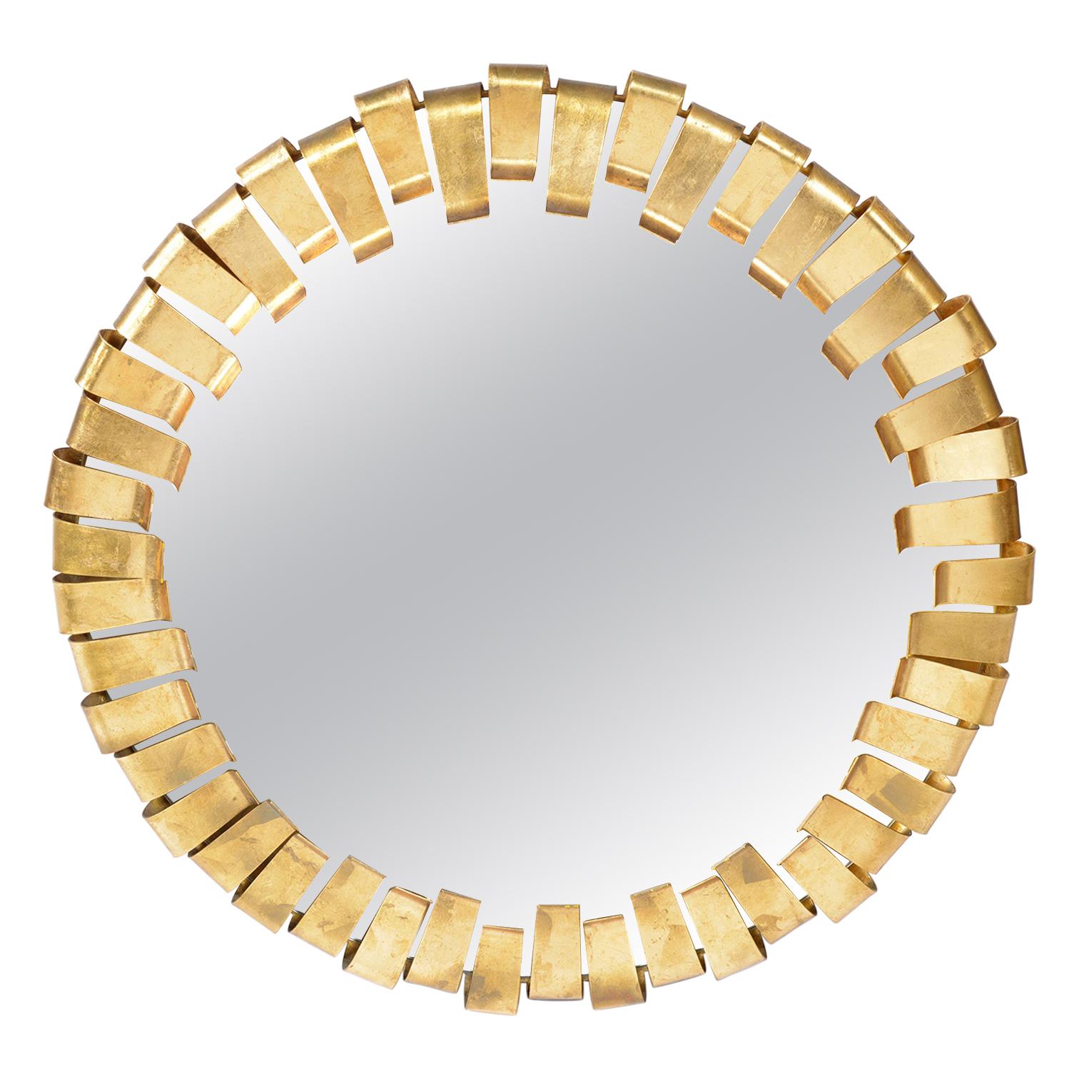 Midcentury Italian Round Golden Metal Framed Mirror