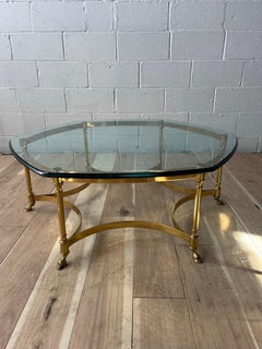 Mid Century Italian Round Hexagon Coffee Table with Brass Base, 1970s