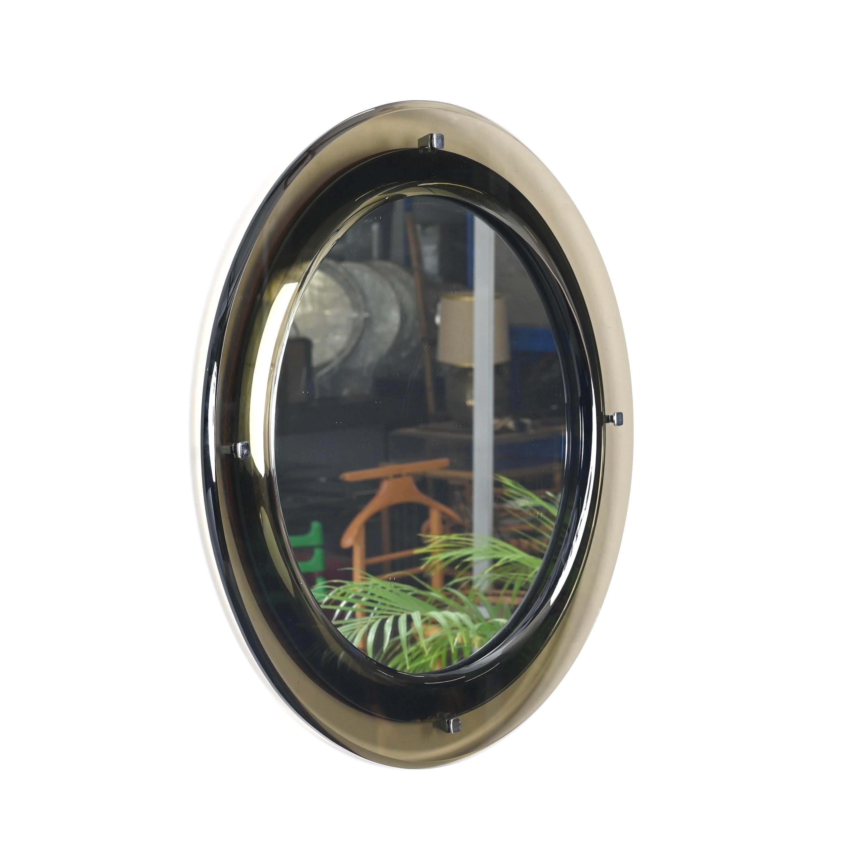 Late 20th Century Midcentury Italian Round Mirror with Beveled Smoked Glass by Sena Cristal, 1970s For Sale